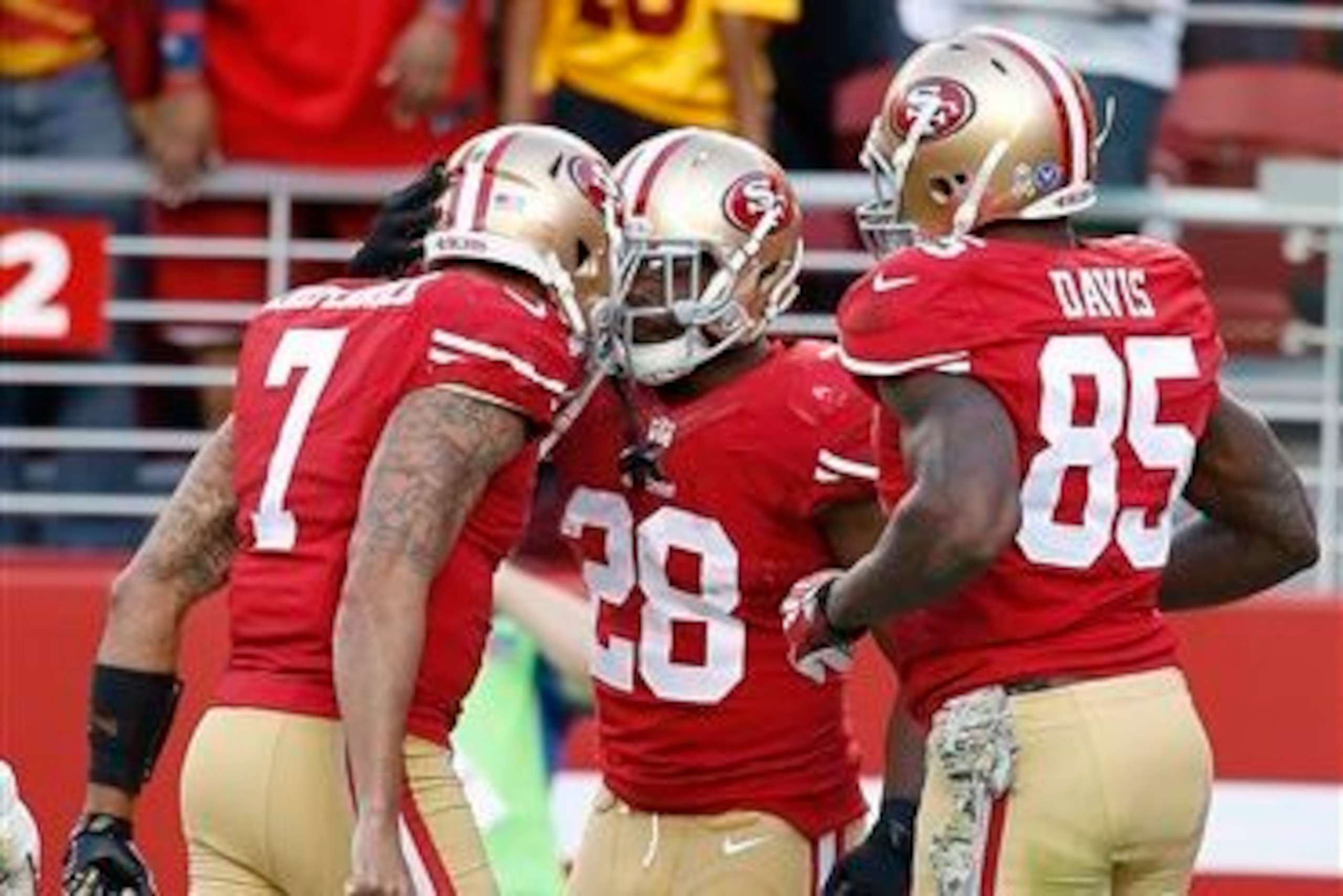Colin Kaepernick (left), Carlos Hyde (center) and Vernon Davis (right) all figure to be critical pieces of the 49ers offense in 2015.