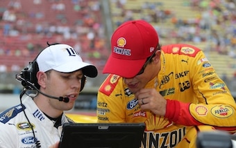 Keep your eyes on Penske Racing teammates Brad Keselowski (left) and Joey Logano in Sunday's Brickyard 400 at Indianapolis Motor Speedway.