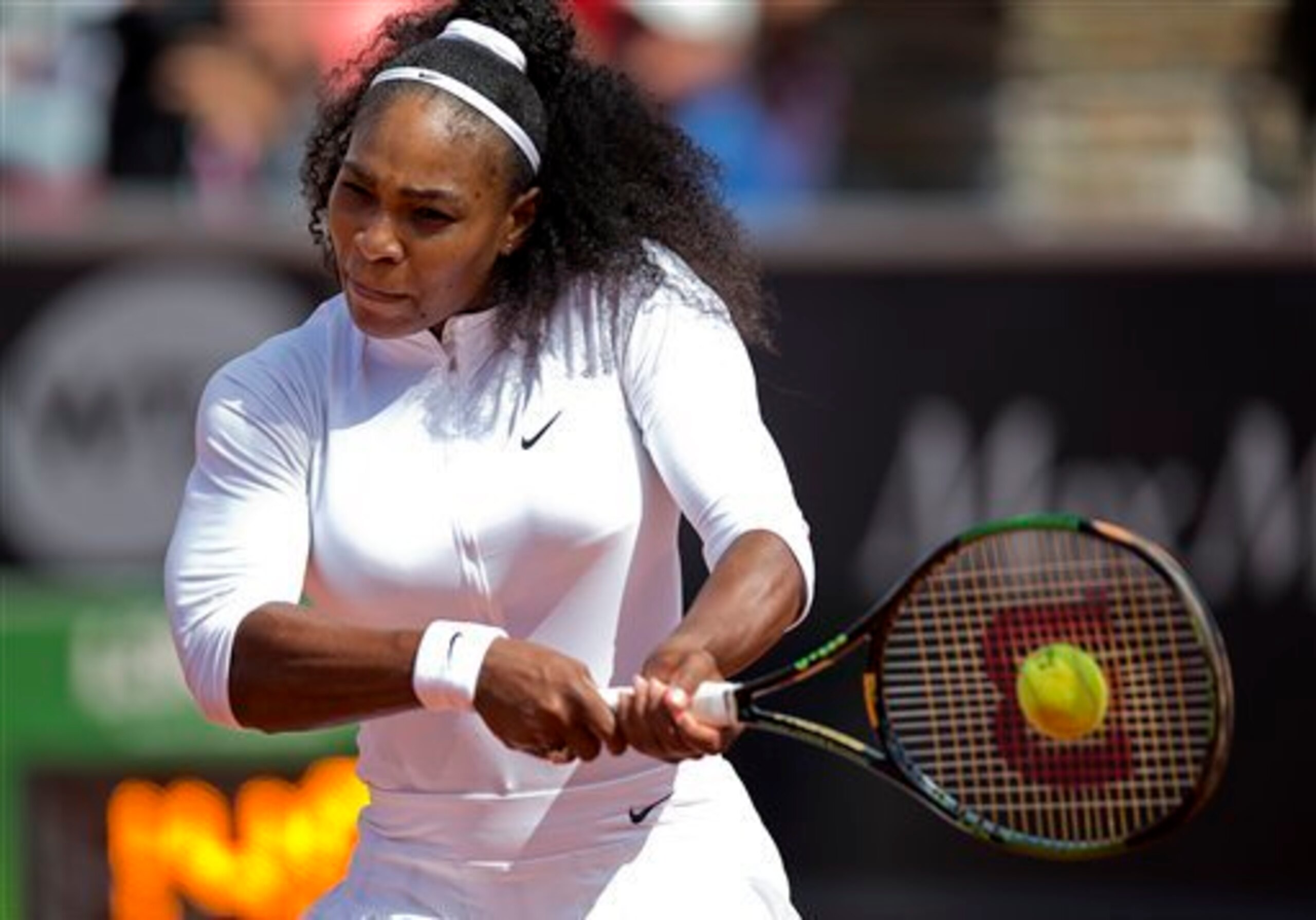 Serena Williams hits a backhand at the 2015 Swedish Open.