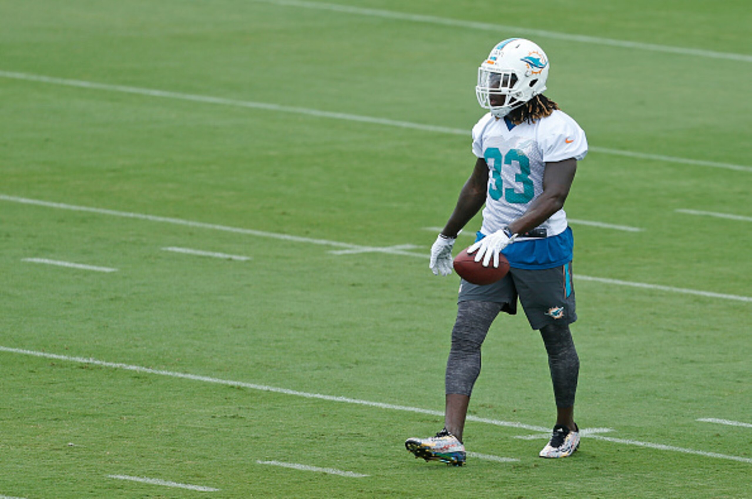 DAVIE, FL - MAY 26: Jay Ajayi #33 of the Miami Dolphins walks back to the huddle with the ball during the teams first OTA's on May 26, 2015 at the Miami Dolphins training facility in Davie, Florida. (Photo by Joel Auerbach/Getty Images)