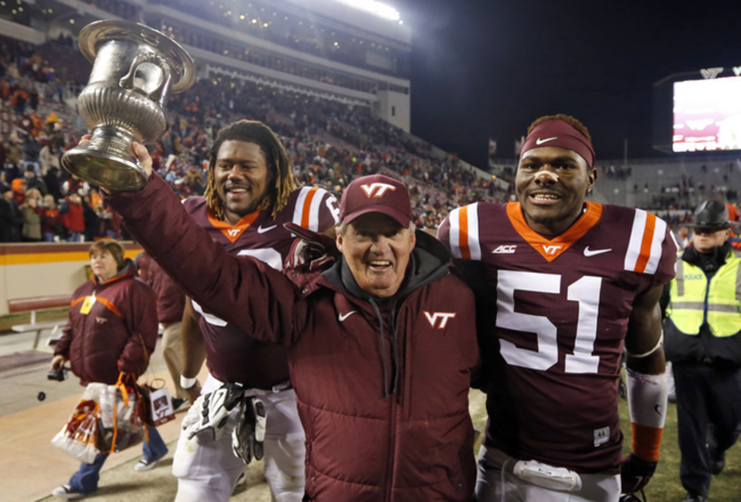 Frank Beamer celebrating another win over Virginia Frank Beamer celebrating another win over Virginia