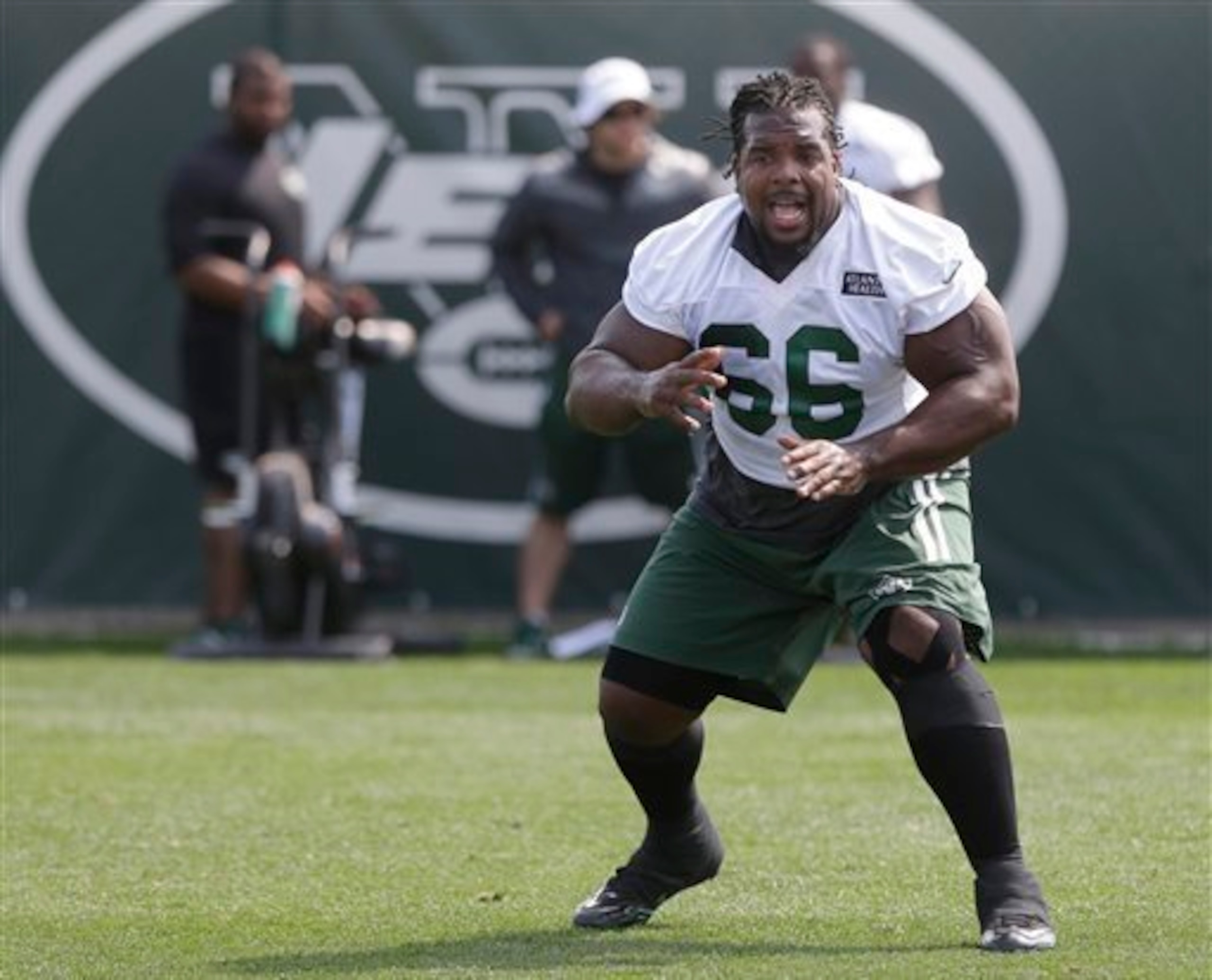 Right guard Willie Colon (66, above) could be fighting for his job this summer. Right guard Willie Colon (66, above) could be fighting for his job this summer.