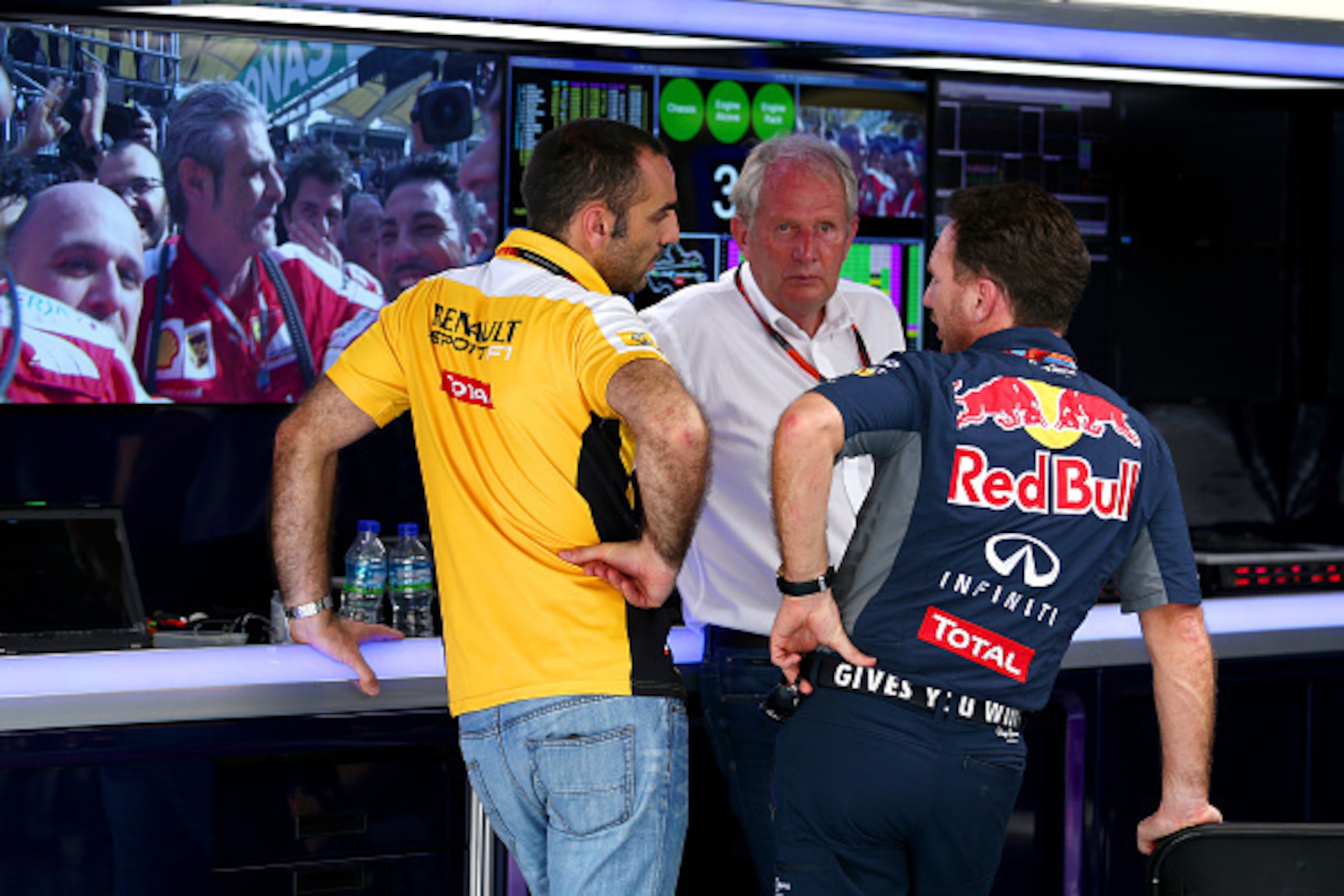 Cyril Abiteboul with Christian Horner and Helmut Marko.