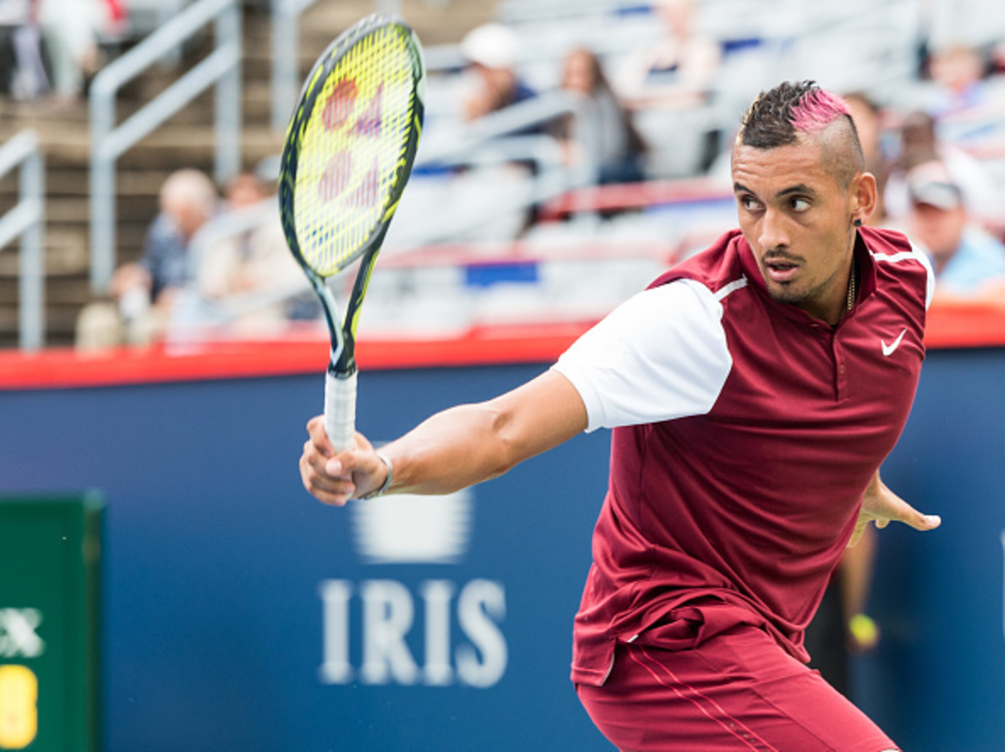 Nick Kyrgios hits a volley at the 2015 Rogers Cup. Nick Kyrgios hits a volley at the 2015 Rogers Cup.