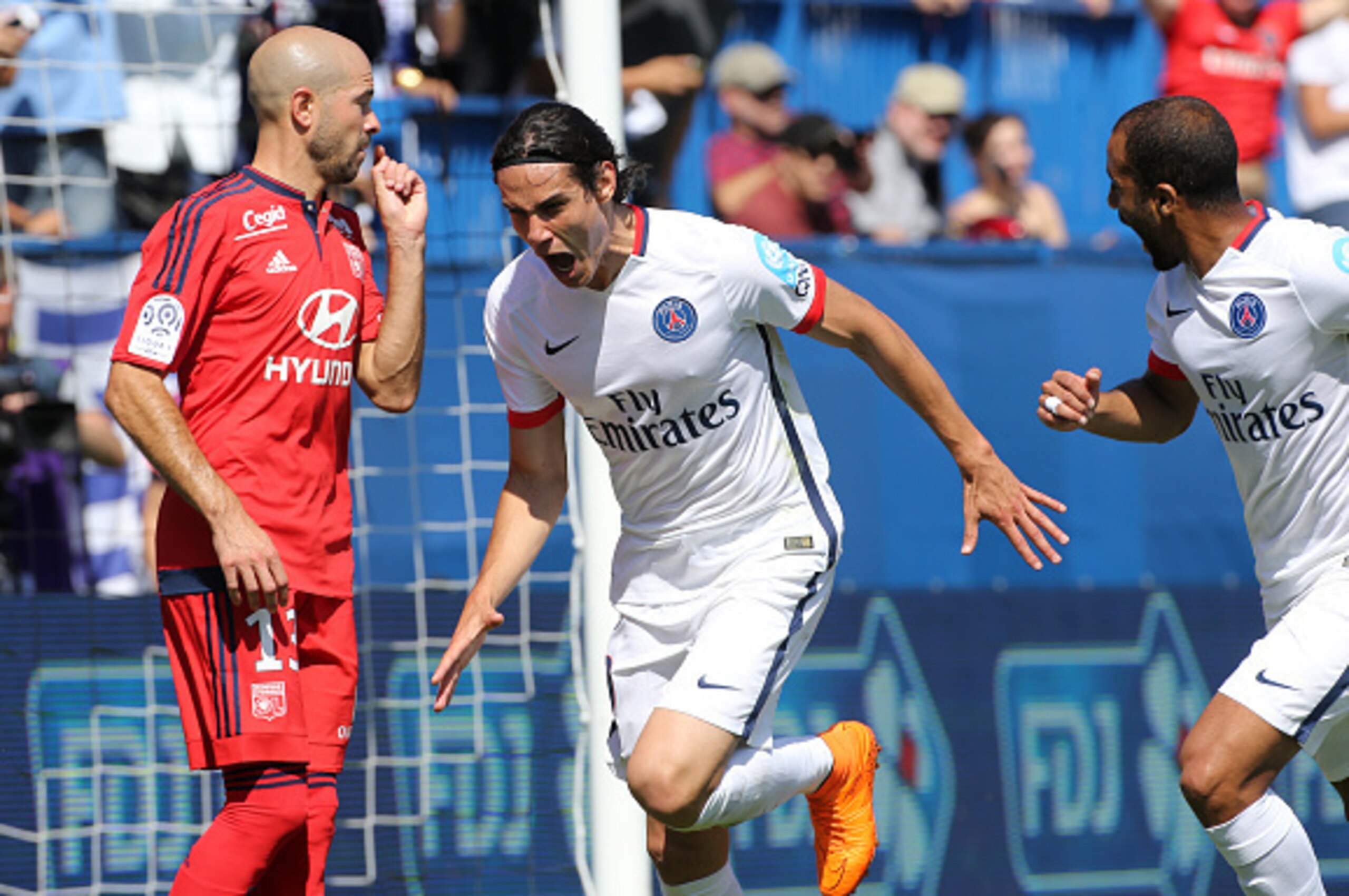 MONTREAL, QC  - AUGUST 1: Edinson Cavani of PSG celebrates scoring the second goal for his team during the 2015 Trophee des Champions between Paris Saint-Germain (PSG) and Olympique Lyonnais (OL) at Stade Saputo on August 1, 2015 in Montreal, Quebec, Cana