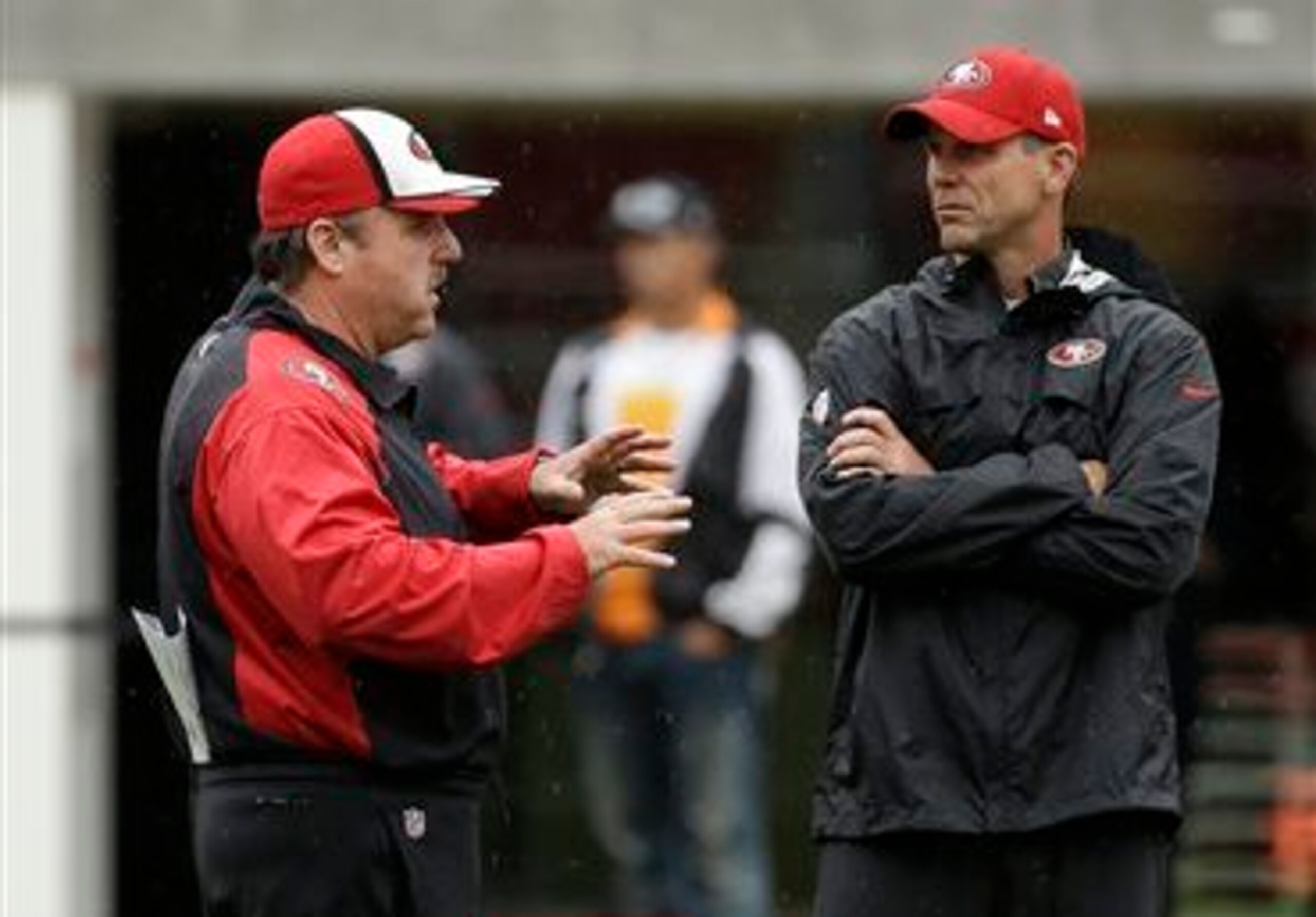 Head coach Jim Tomsula (left) and general manager Trent Baalke (right) are "on the exact same wavelength."