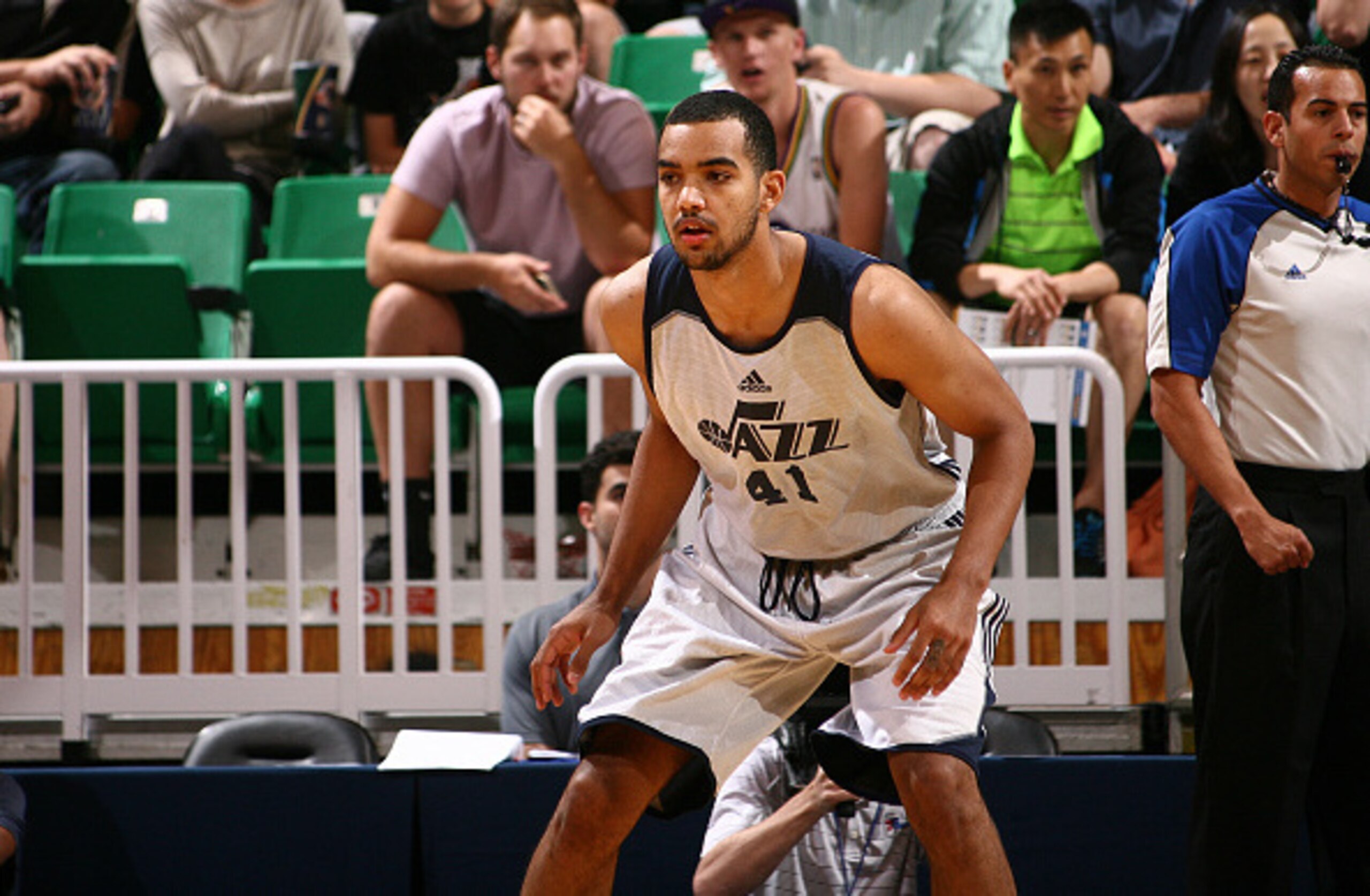 SALT LAKE CITY, UT - JULY 9:  Trey Lyles #41 of the Utah Jazz looks on against the Philadelphia 76ers during the NBA Summer League on July 9, 2015 at EnergySolutions Arena in Salt Lake City, Utah. NOTE TO USER: User expressly acknowledges and agrees that,