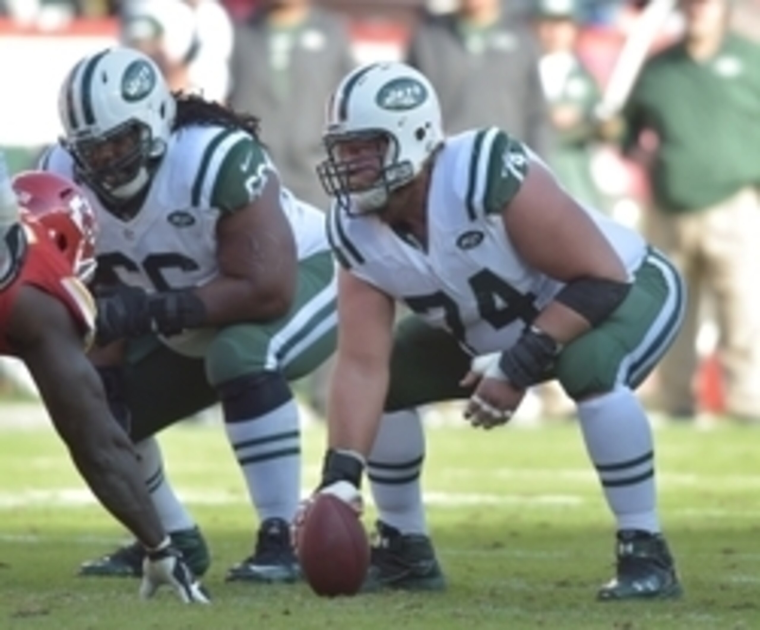 Nick Mangold (74, right) will once again anchor the line as the center, while Willie Colon (66, left) holds down the right side of the interior at guard.