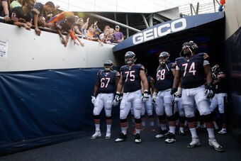Kyle Long (75), Matt Slauson (68) and Jermon Bushrod (74) are all guaranteed to be starters along Chicago's offensive line this season.