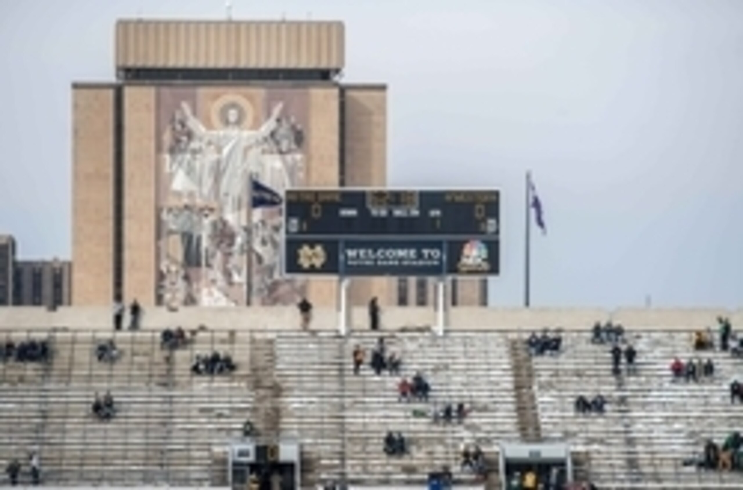 Touchdown Jesus looms over Notre Dame Stadium.