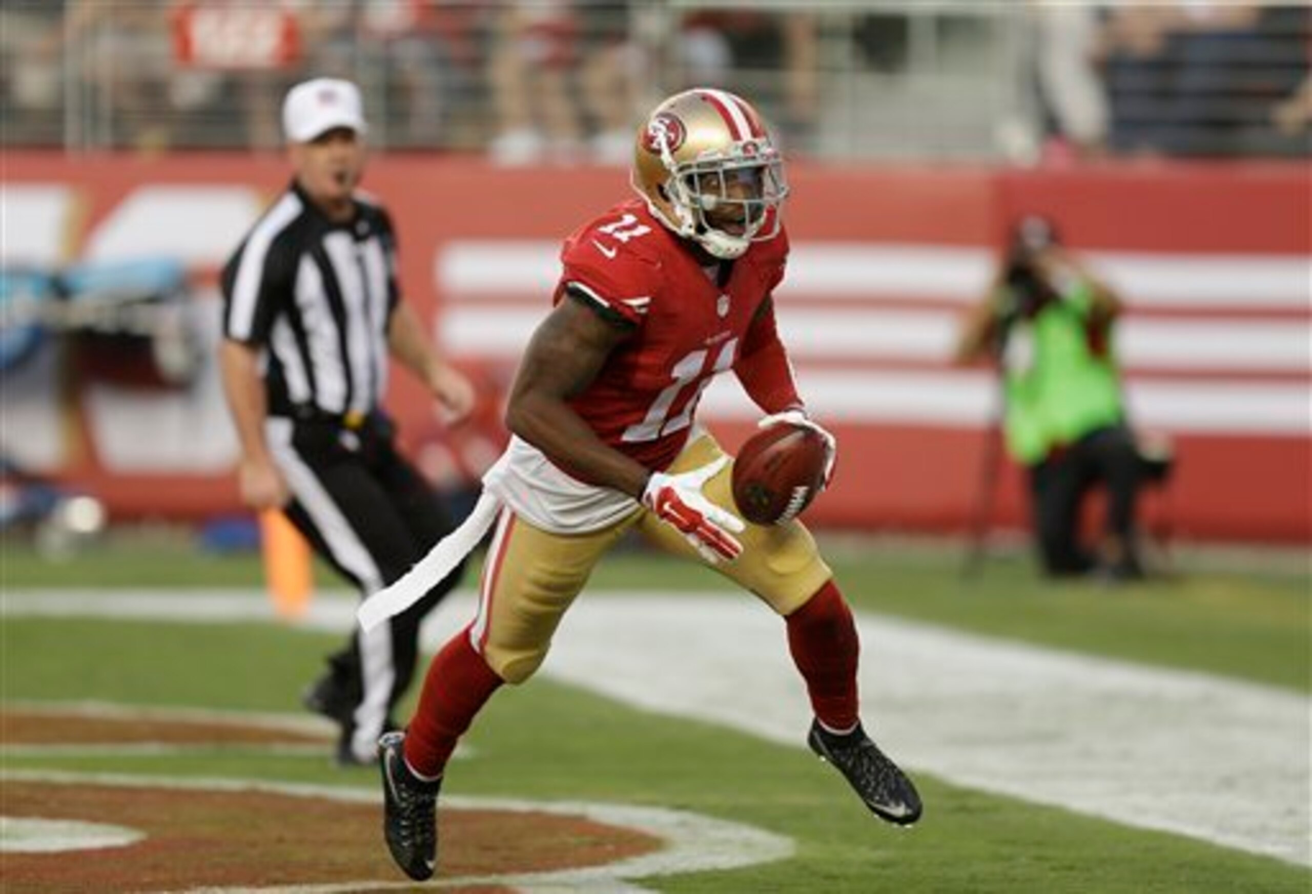 Wide receiver Quinton Patton scored his first preseason touchdown on a blocked punt in the fourth quarter.