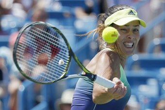 Ana Ivanovic fires a forehand during a match at the 2015 Western & Southern Open in Cincinnati.
