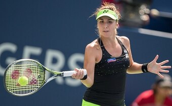 Belinda Bencic hits a forehand during the 2015 Rogers Cup in Toronto.