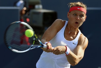Lucie Safarova hits a backhand during the Rogers Cup in Toronto.