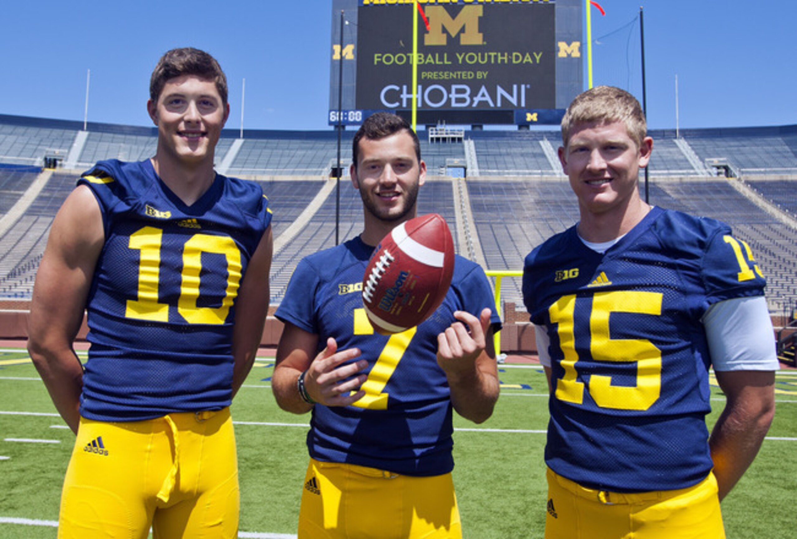 Michigan quarterbacks Zach Gentry (left), Shane Morris (center), Jake Rudock (right).