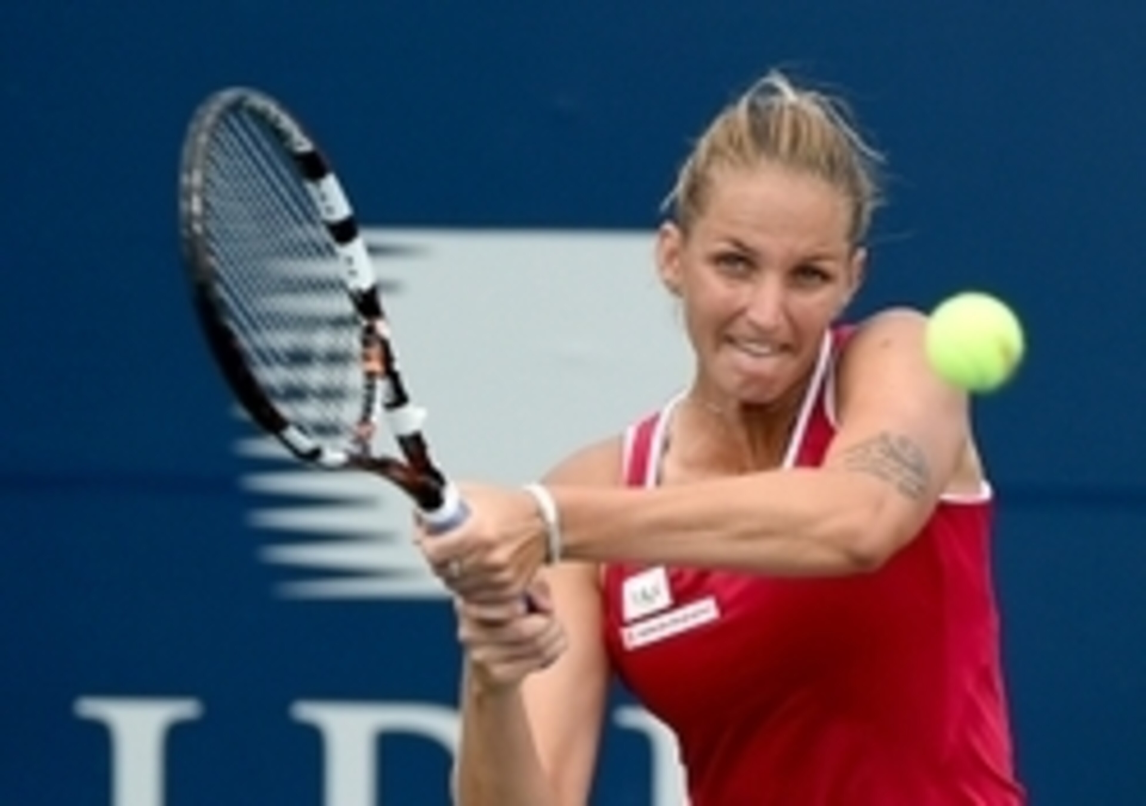 Karolina Pliskova hits a backhand during a match at the Rogers Cup in Toronto.