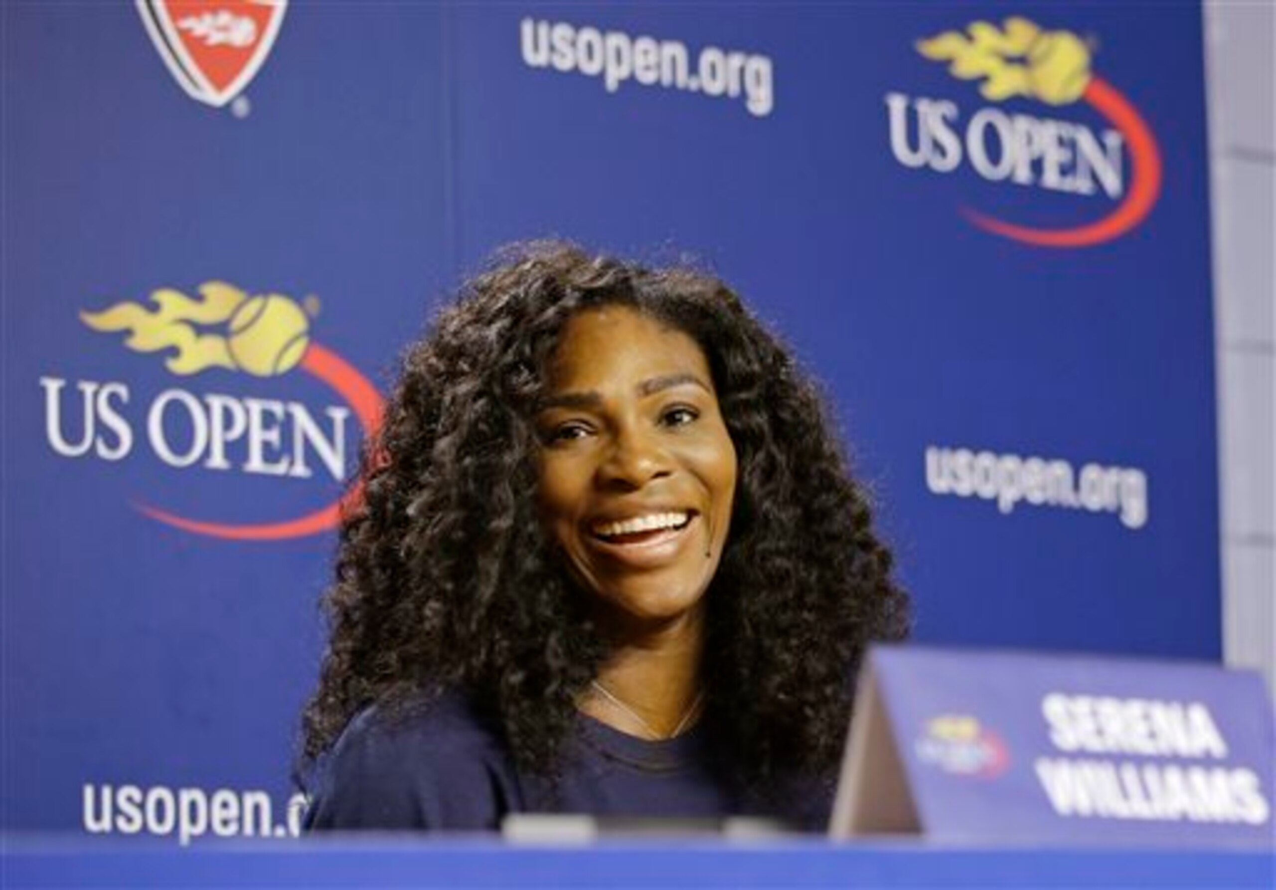 Serena Williams talks to the press after the draw ceremony for the 2015 U.S. Open.