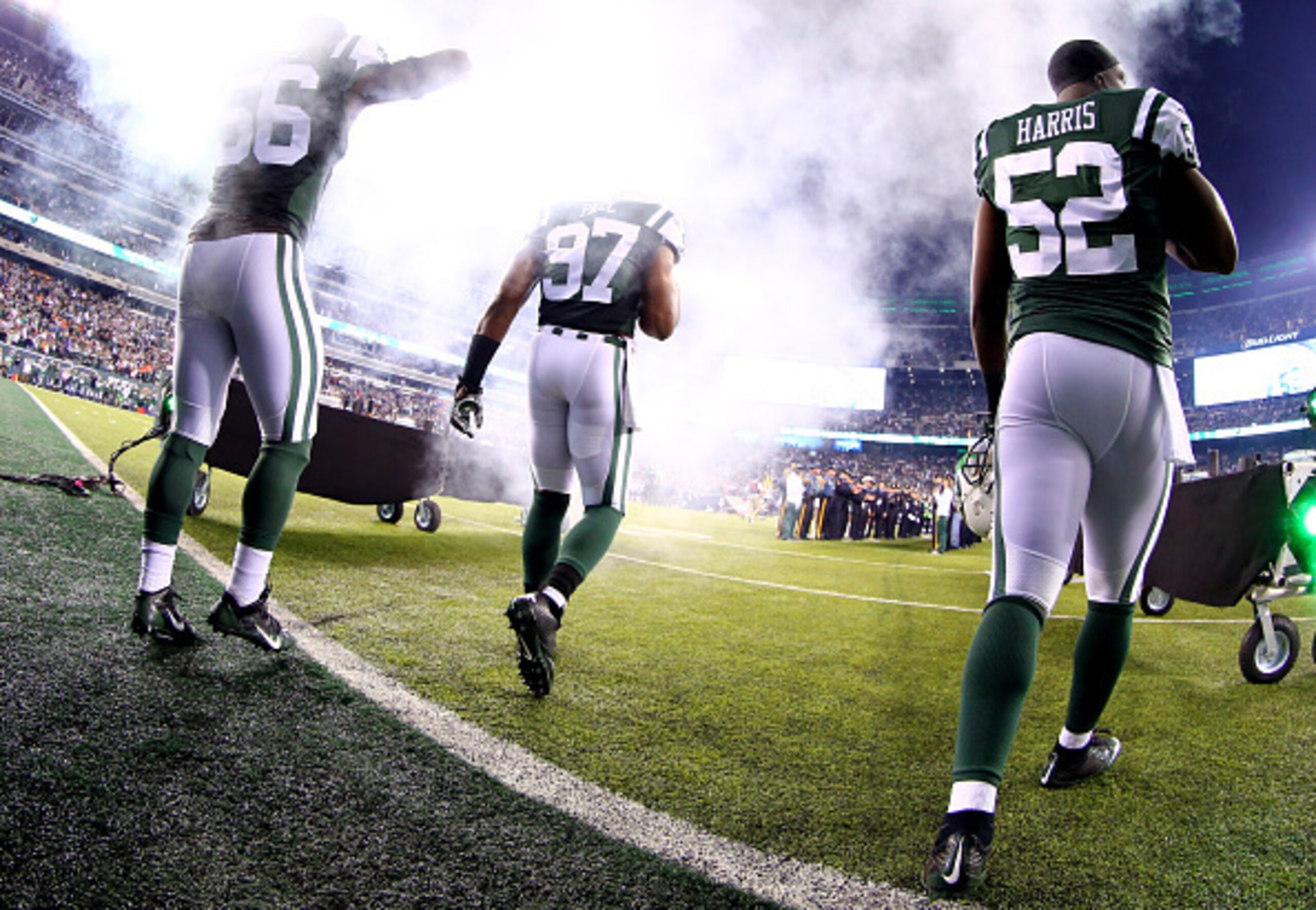 Linebackers Demario Davis (56, left), Calvin Pace (97, middle) and David Harris (52, right) are all projected into starting roles in the Jets defense.