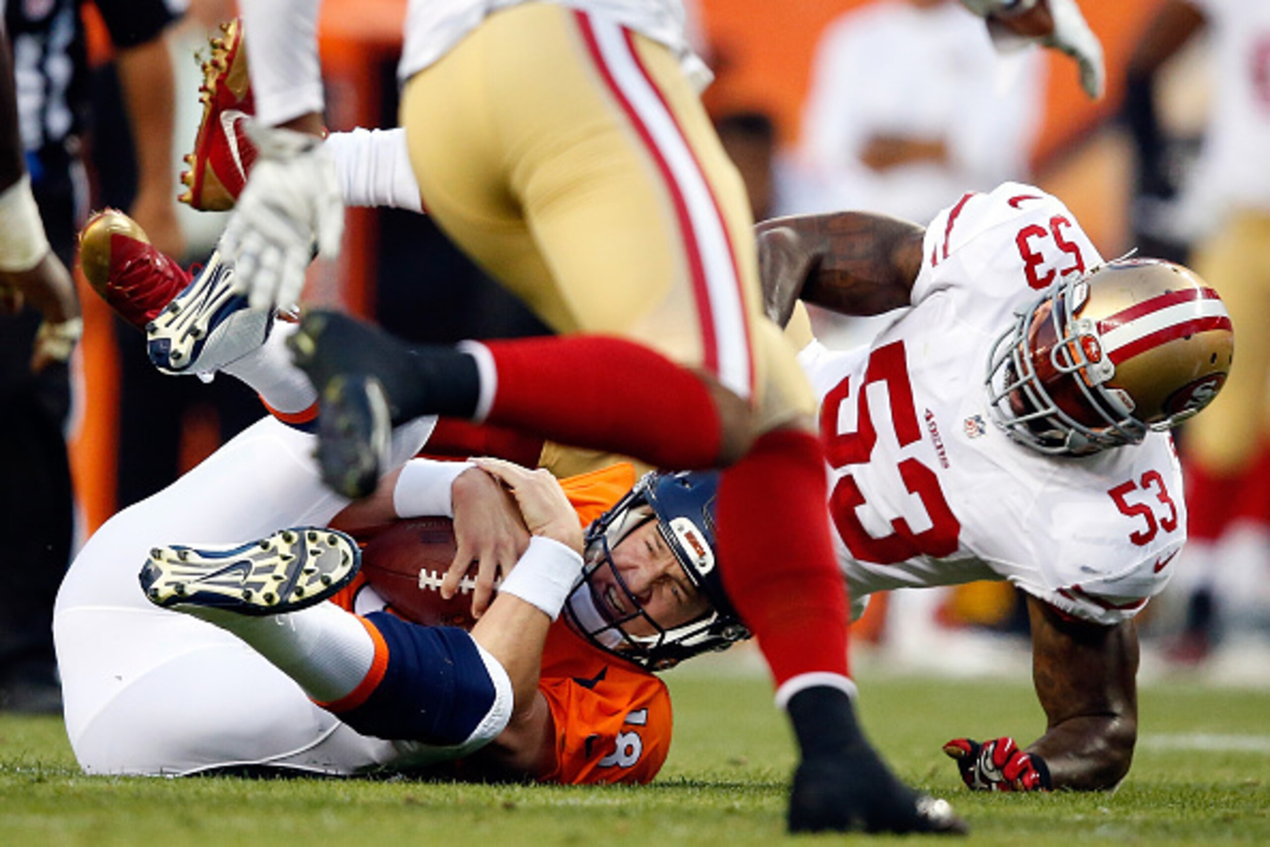 Linebacker NaVorro Bowman (53) brought down quarterback Peyton Manning twice for two sacks during the matchup.