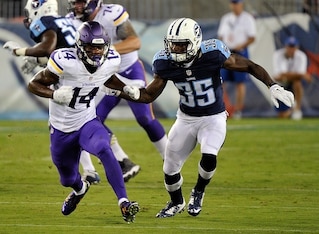 WR Stefon Diggs found the end zone for the first time on a seven-yard touchdown pass against the Titans.