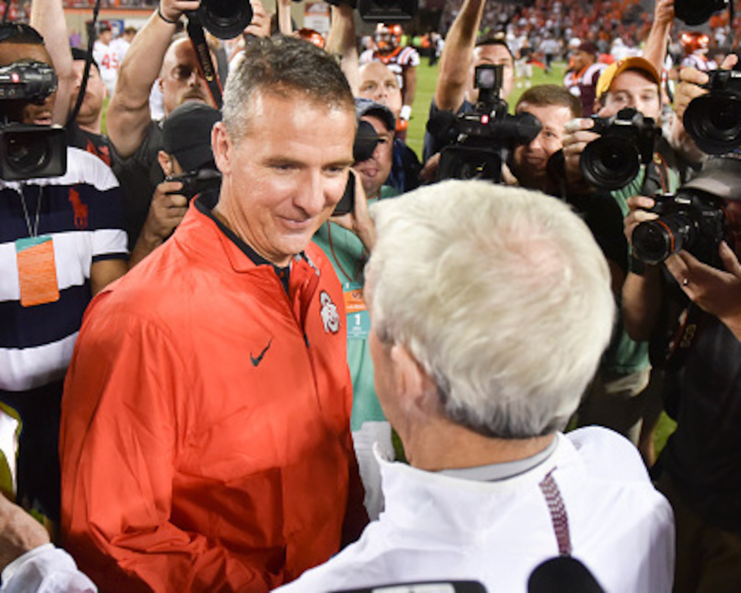 Frank Beamer and Urban Meyer after OSU's win over VT Frank Beamer and Urban Meyer after OSU's win over VT