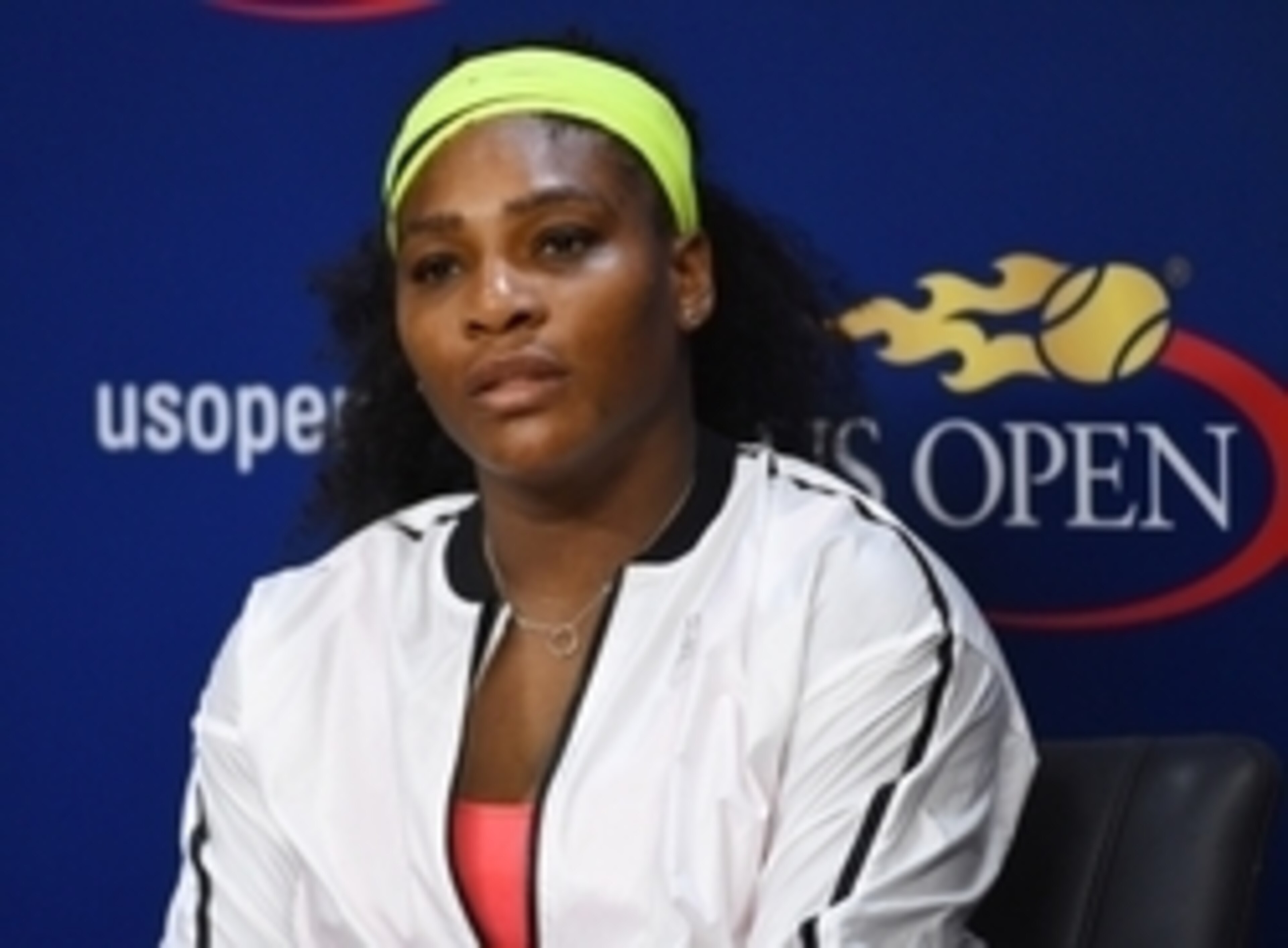 Serena Williams takes questions at a press conference after her upset loss to Roberta Vinci.
