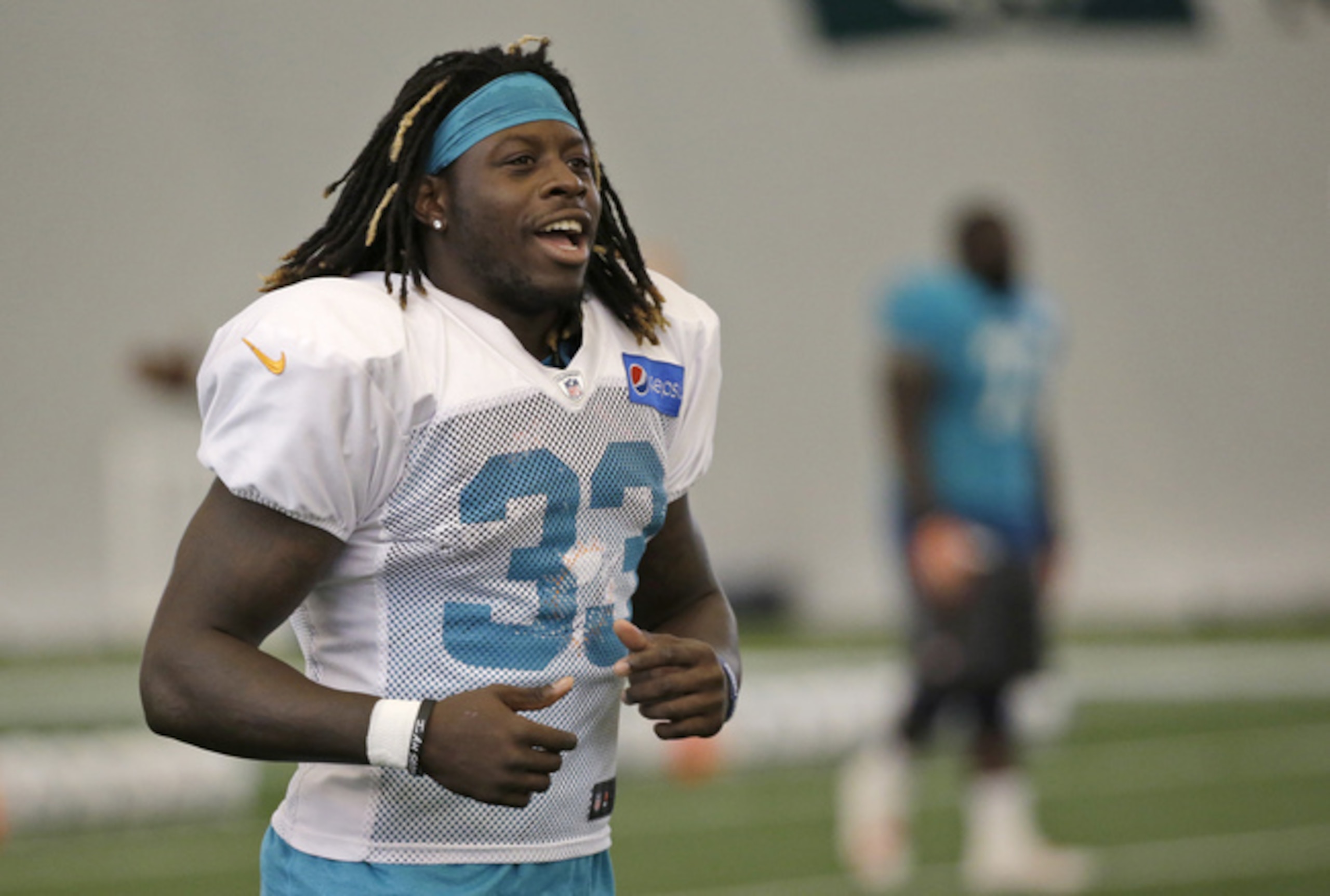 Jay Ajayi (33) is not in any shape to threaten for the No. 1—or even the No. 2—spot in the Dolphins' depth chart at running back.