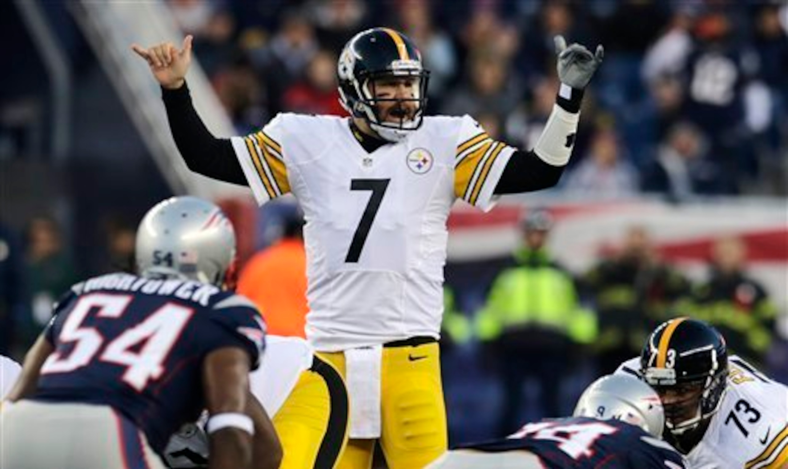 Steelers quarterback Ben Roethlisberger barks out signals against the Patriots during a game in Foxborough back in 2013. Steelers quarterback Ben Roethlisberger barks out signals against the Patriots during a game in Foxborough back in 2013.
