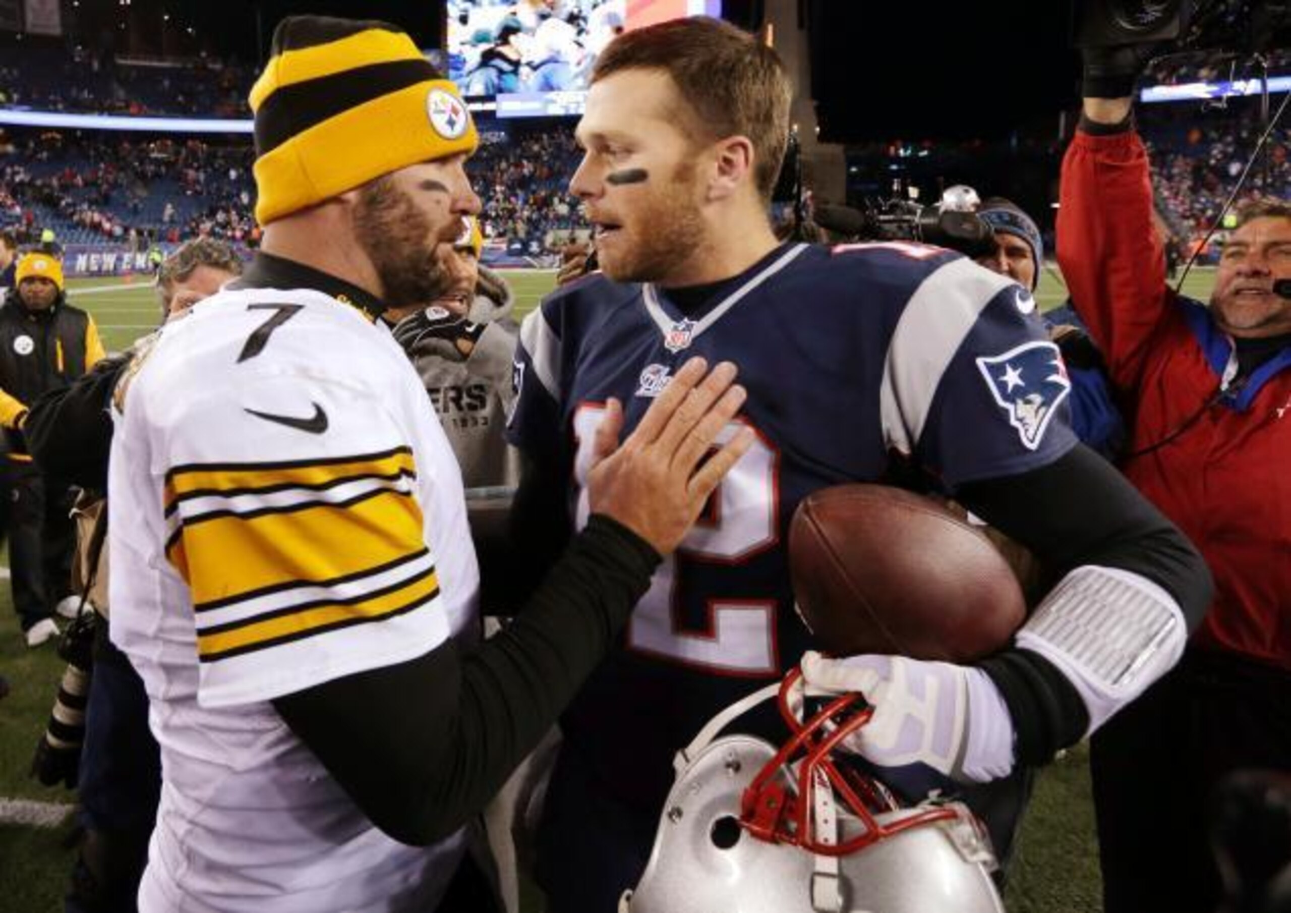 Tom Brady and Ben Roethlisberger consult each other following the Patriots 55-31 win back in 2013 at Gillette Stadium. Tom Brady and Ben Roethlisberger consult each other following the Patriots 55-31 win back in 2013 at Gillette Stadium.