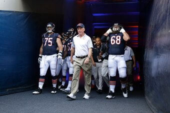 Kyle Long (75) could potentially get the start at right tackle Sunday, while Matt Slauson (68) will be the starter at right guard after missing 11 games last season.