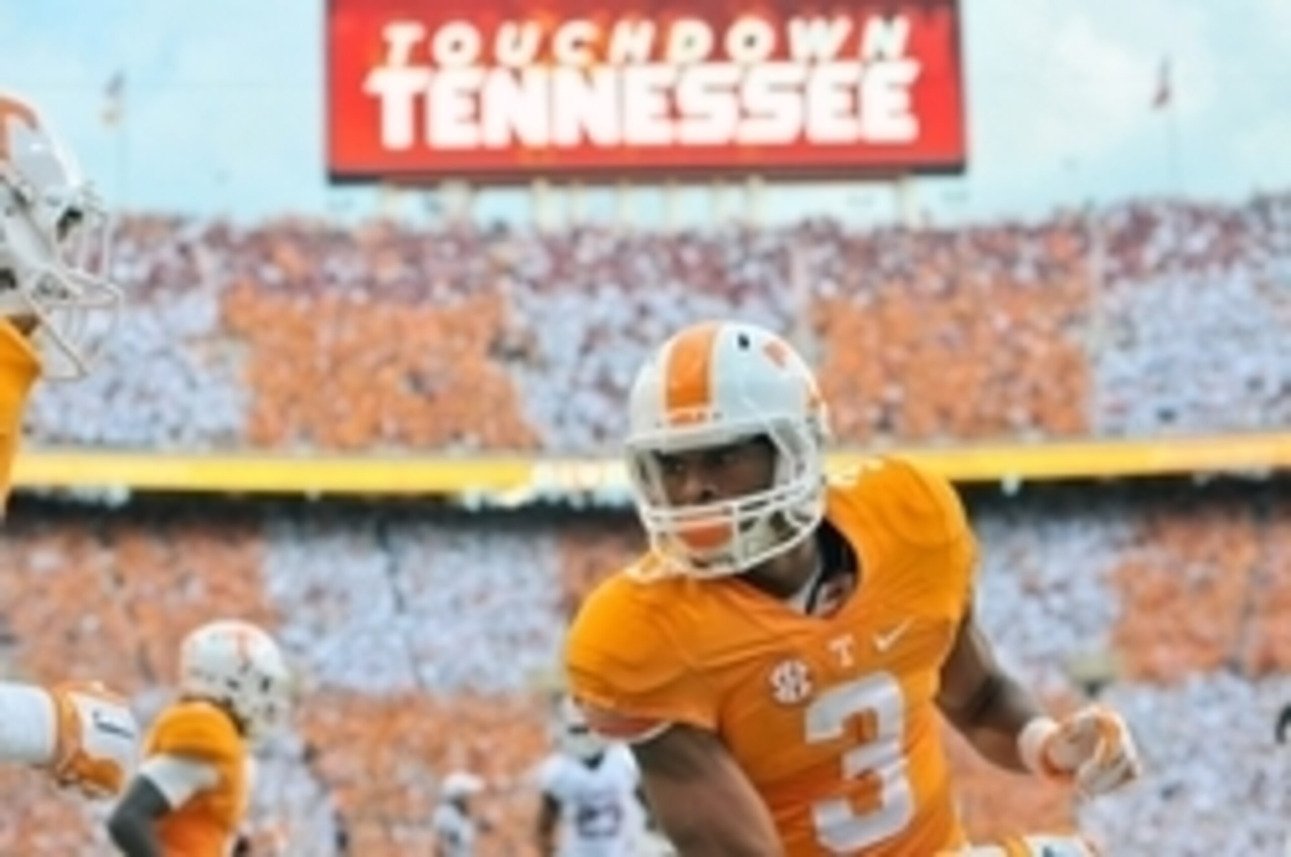 Sep 12, 2015; Knoxville, TN, USA; Tennessee Volunteers wide receiver Josh Malone (3) reacts after scoring a touchdown against the Oklahoma Sooners during the first half at Neyland Stadium. Mandatory Credit: Jim Brown-USA TODAY Sports