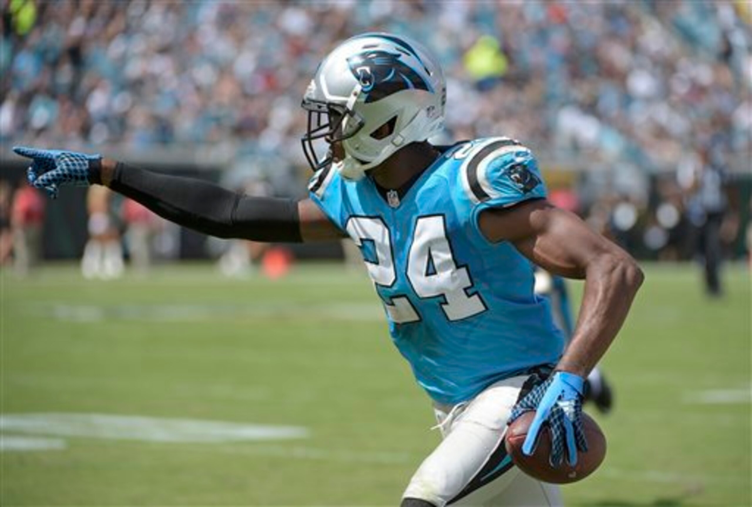 Norman, pictured here taunting Blake Bortles after his interception.