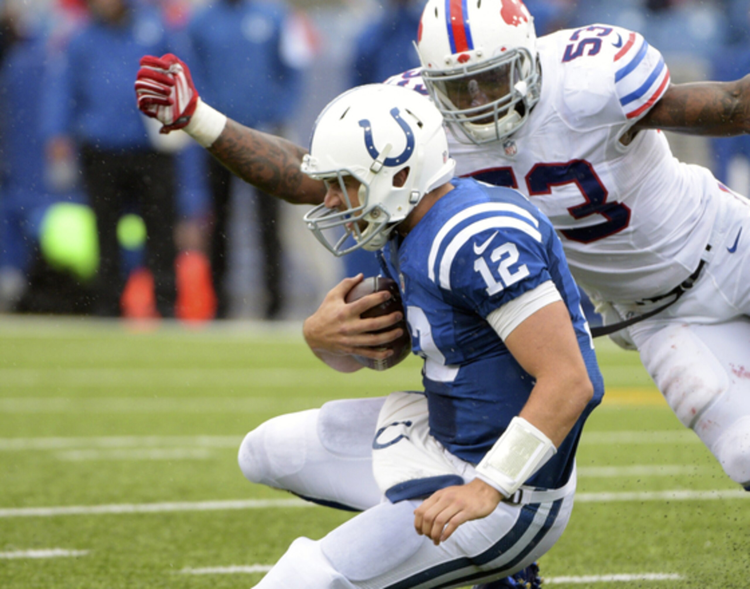 Buffalo's Nigel Bradham tackling Indy QB Luck.
