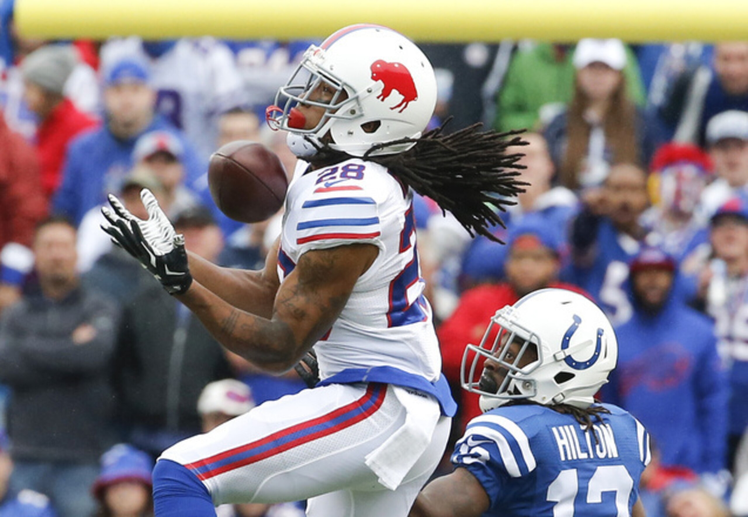 Buffalo CB Ronald Darby intercepts Indy QB Luck.