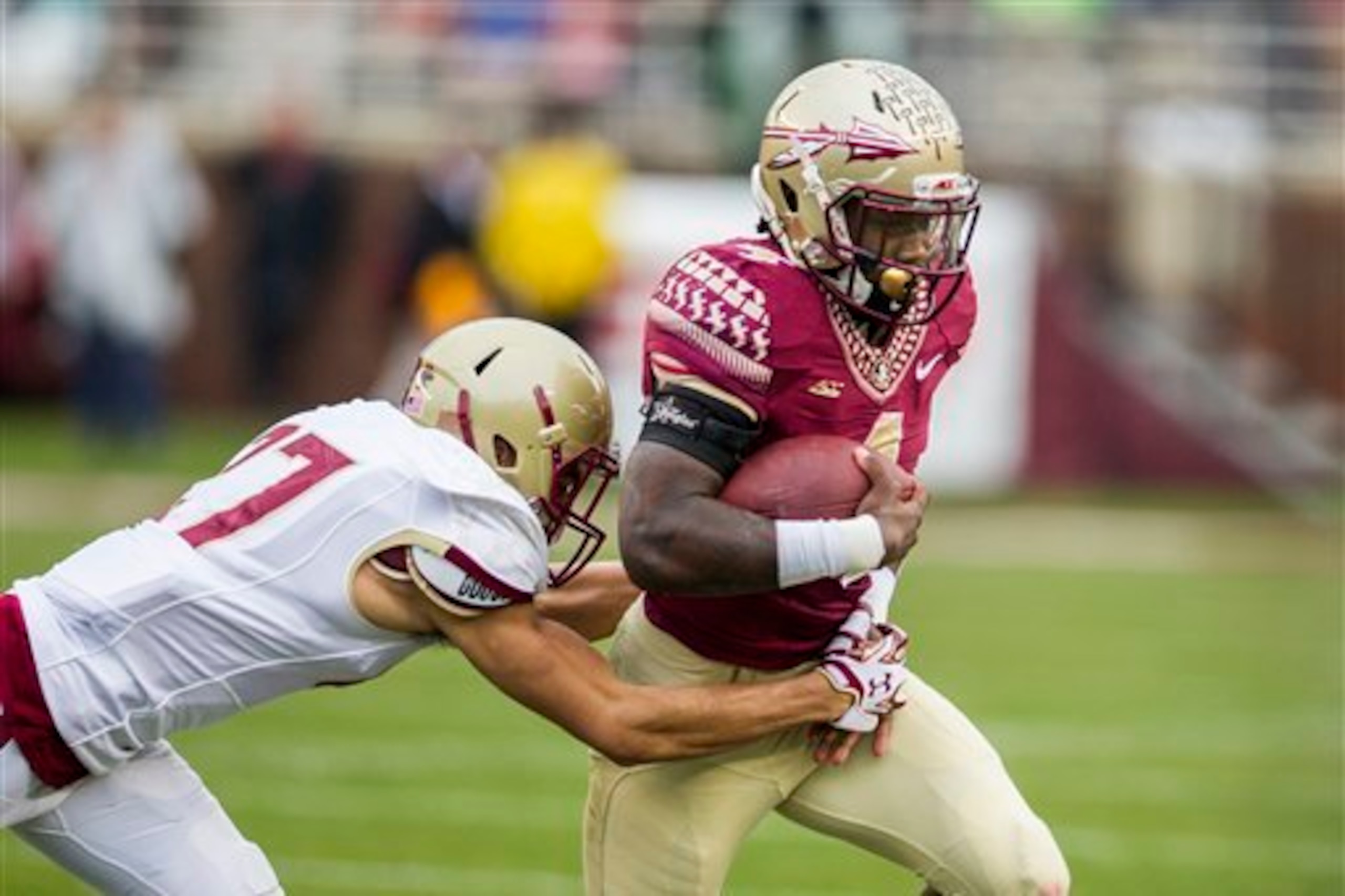 Boston College FS Justin Simmons and Florida State RB Dalvin Cook