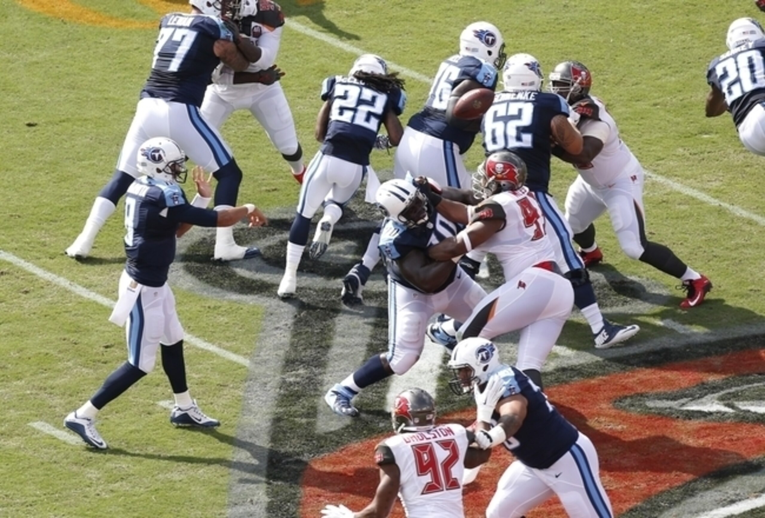 Jeremiah Poutasi (bottom of picture) helped keep Marcus Mariota clean all game. Jeremiah Poutasi (bottom of picture) helped keep Marcus Mariota clean all game.