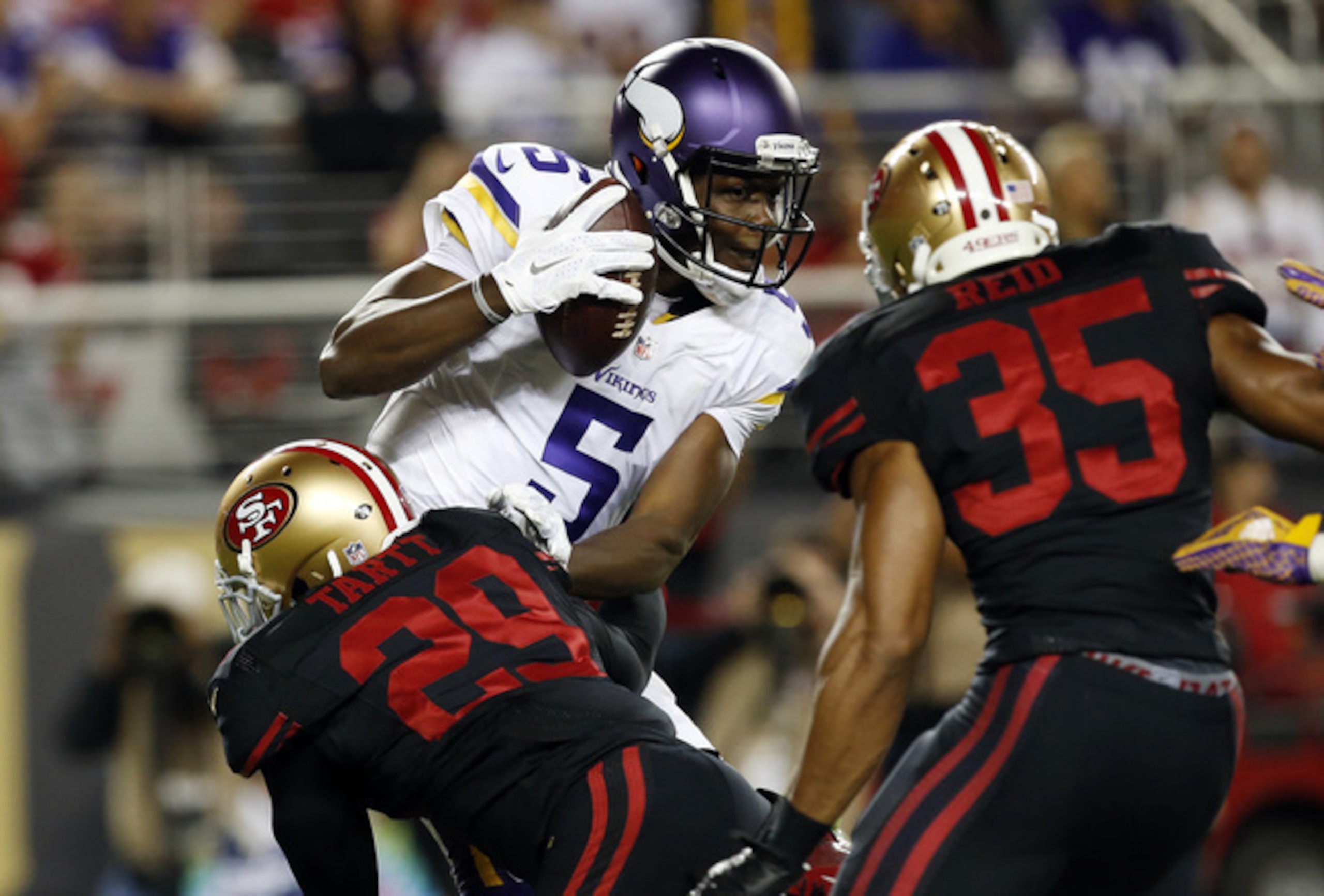 Jaquiski Tartt (No. 29) sacked Vikings quarterback Teddy Bridgewater in Week 1. Jaquiski Tartt (No. 29) sacked Vikings quarterback Teddy Bridgewater in Week 1.