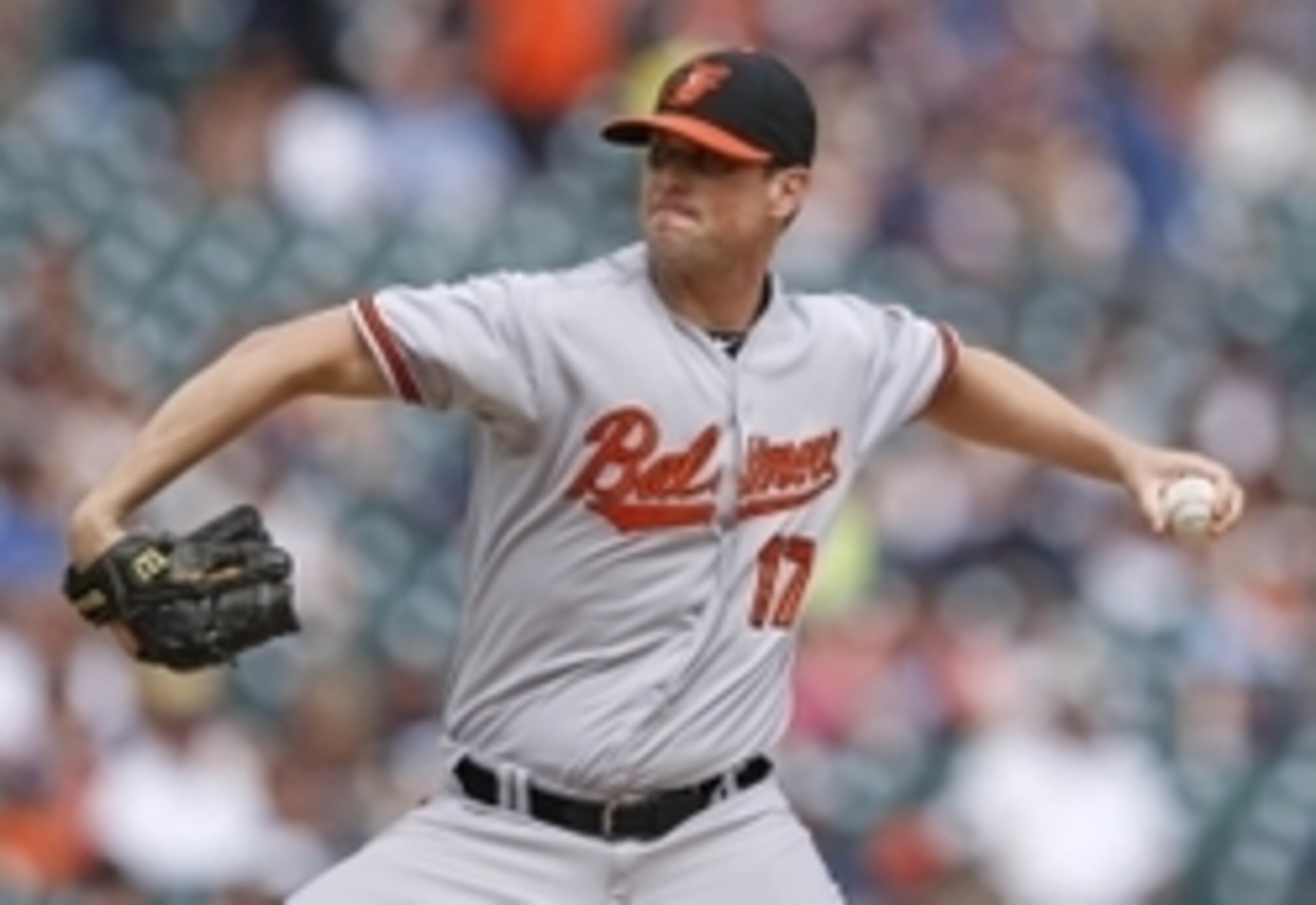 Jul 19, 2015; Detroit, MI, USA; Baltimore Orioles relief pitcher Brian Matusz (17) pitches during the eighth inning against the Detroit Tigers at Comerica Park. Orioles beat the Tigers 9-3. Mandatory Credit: Raj Mehta-USA TODAY Sports