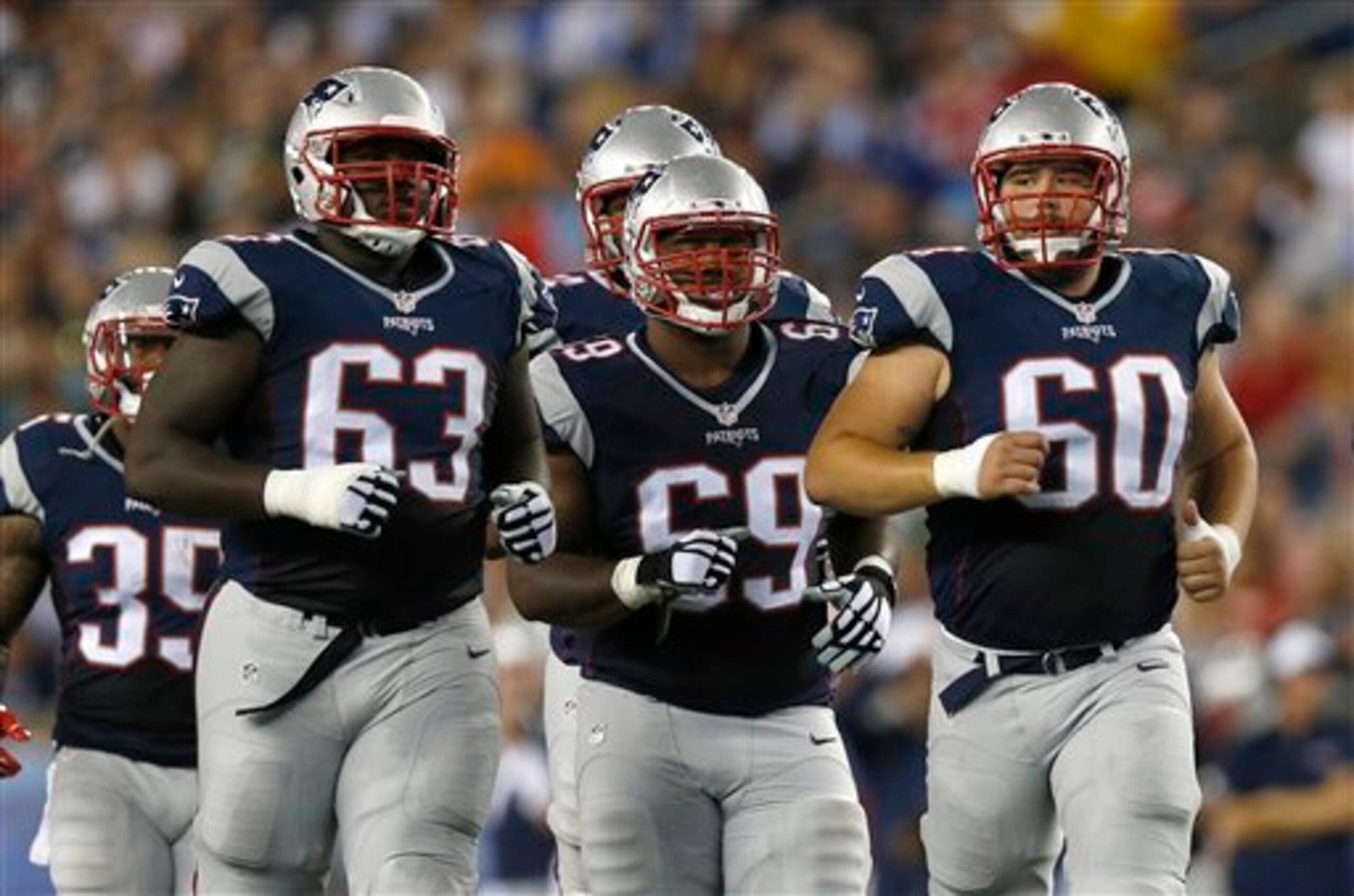 Tre' Jackson (63), Shaq Mason (69) and David Andrew (60) have played significant roles in the Patriots' three games so far, but Jackson and Mason have each come off the field at times.