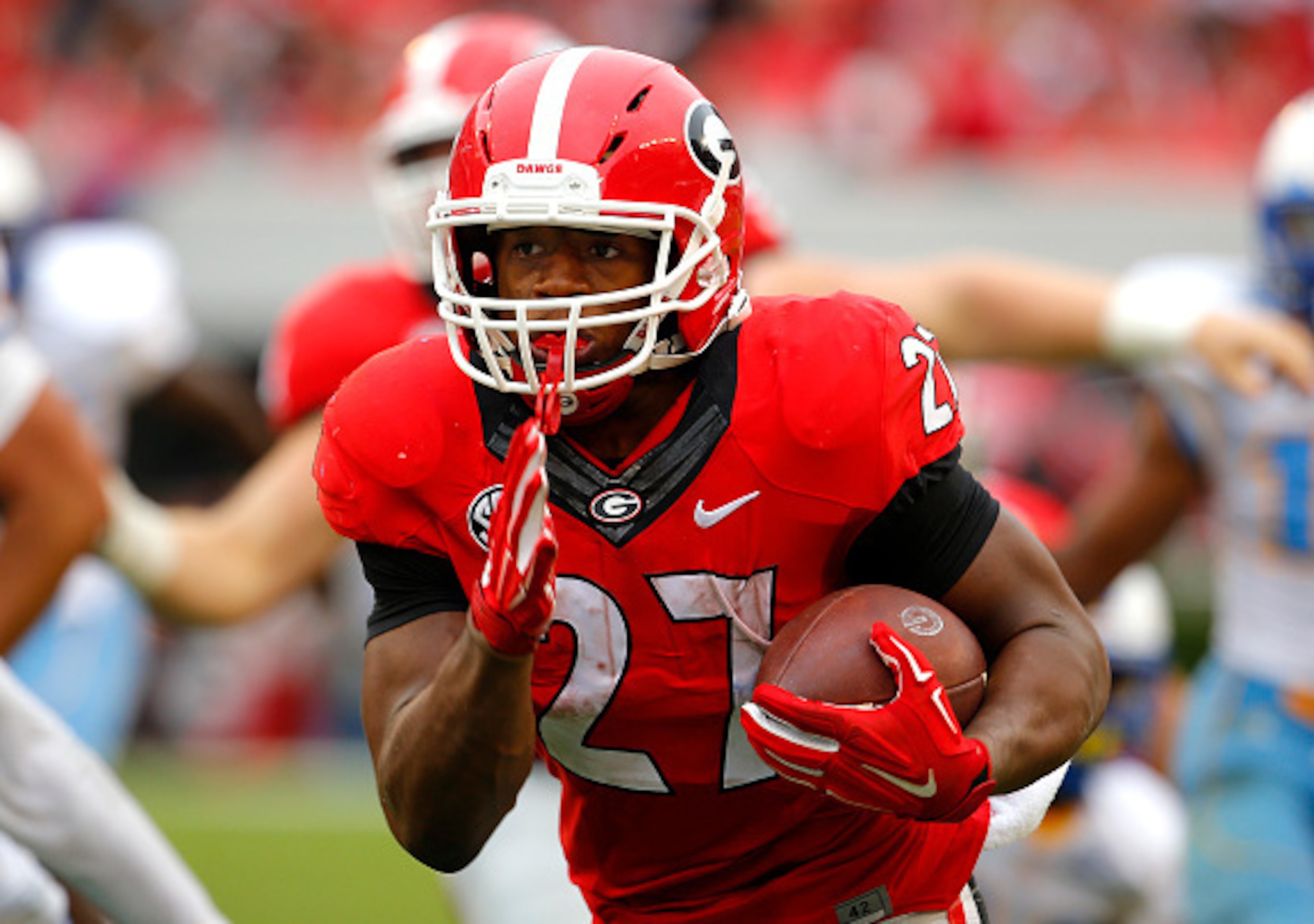 Georgia's Nick Chubb has reached 100 rushing yards in 12 straight games. Georgia's Nick Chubb has reached 100 rushing yards in 12 straight games.