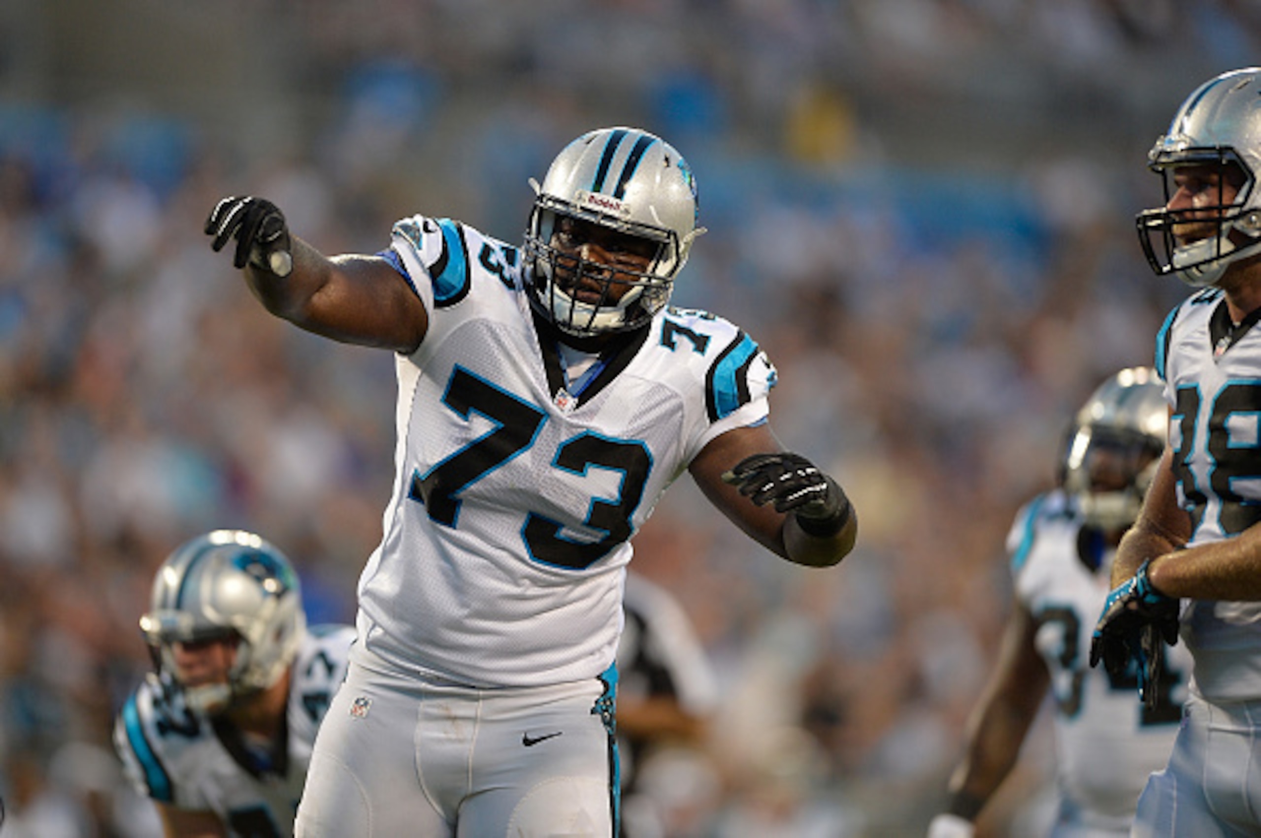 CHARLOTTE, NC - AUGUST 22:  Michael Oher #73 of the Carolina Panthers against the Miami Dolphins during their preseason NFL game at Bank of America Stadium on August 22, 2015 in Charlotte, North Carolina.  (Photo by Grant Halverson/Getty Images)