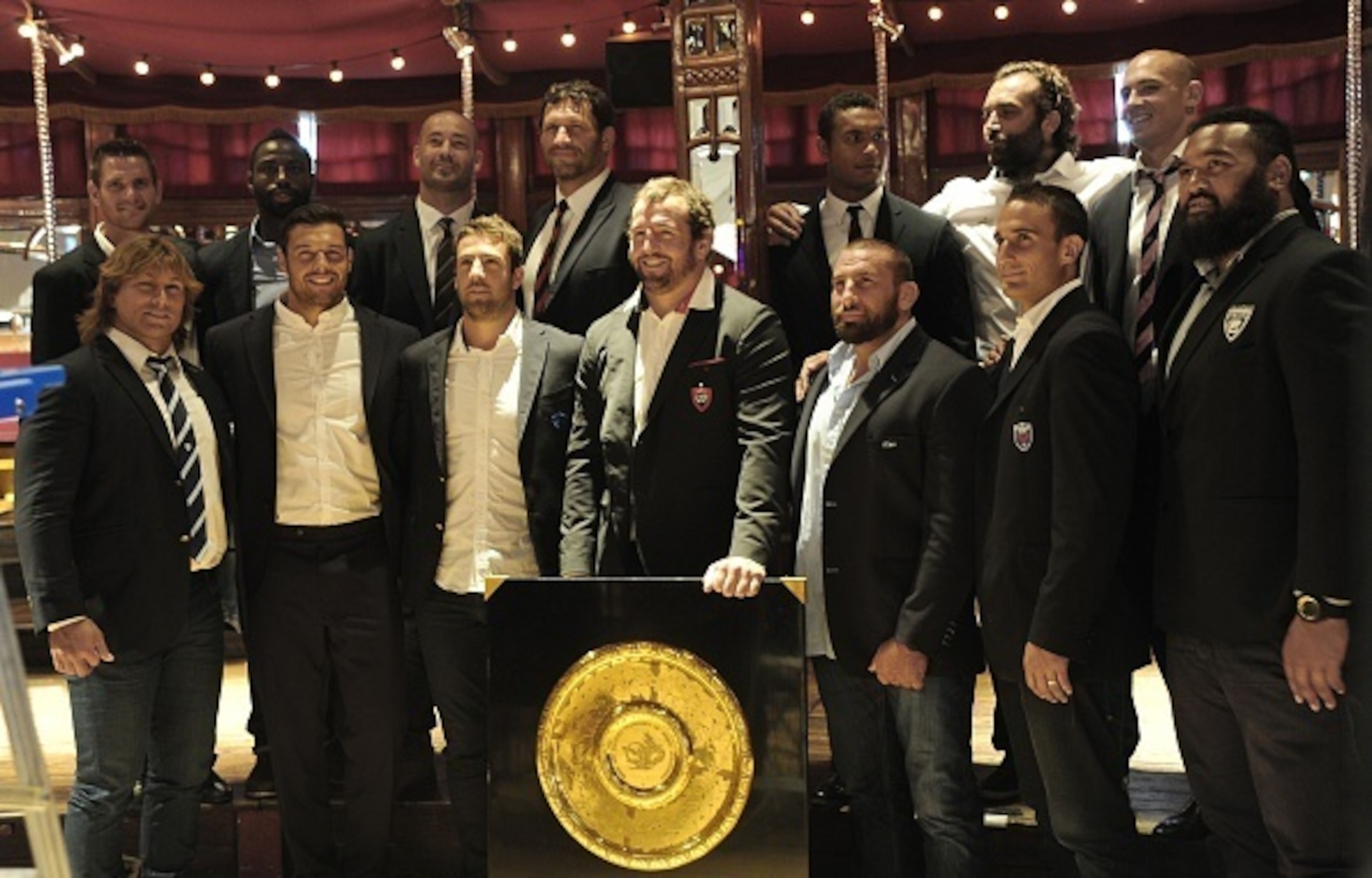 France's Top 14 rugby captains (from bottom L) Racing Metro's Dimitri Szarzewski, Clermont's Damien Chouly, Castre's Remi Tales, Toulon's Carly Hayman, Bayonne David Roumieu, Grenoble's Fabien Gengenbache, La Rochelle's Antonio Uini (from top L) Oyonnax' 