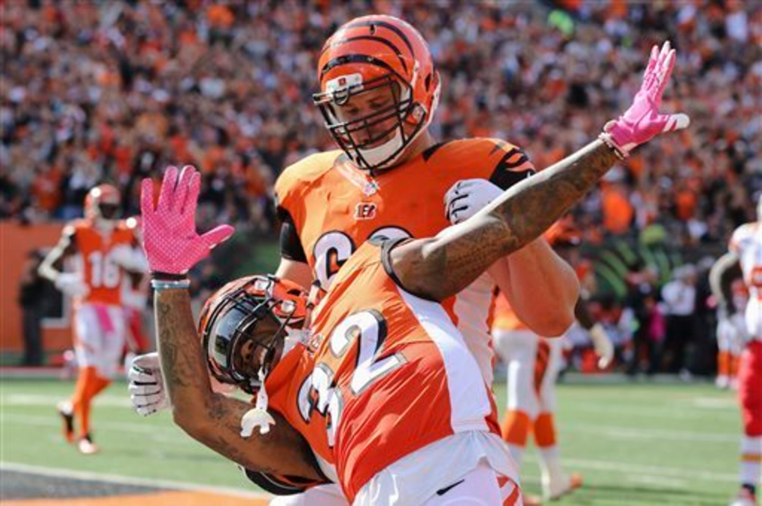 Hill celebrates one of his three scores.