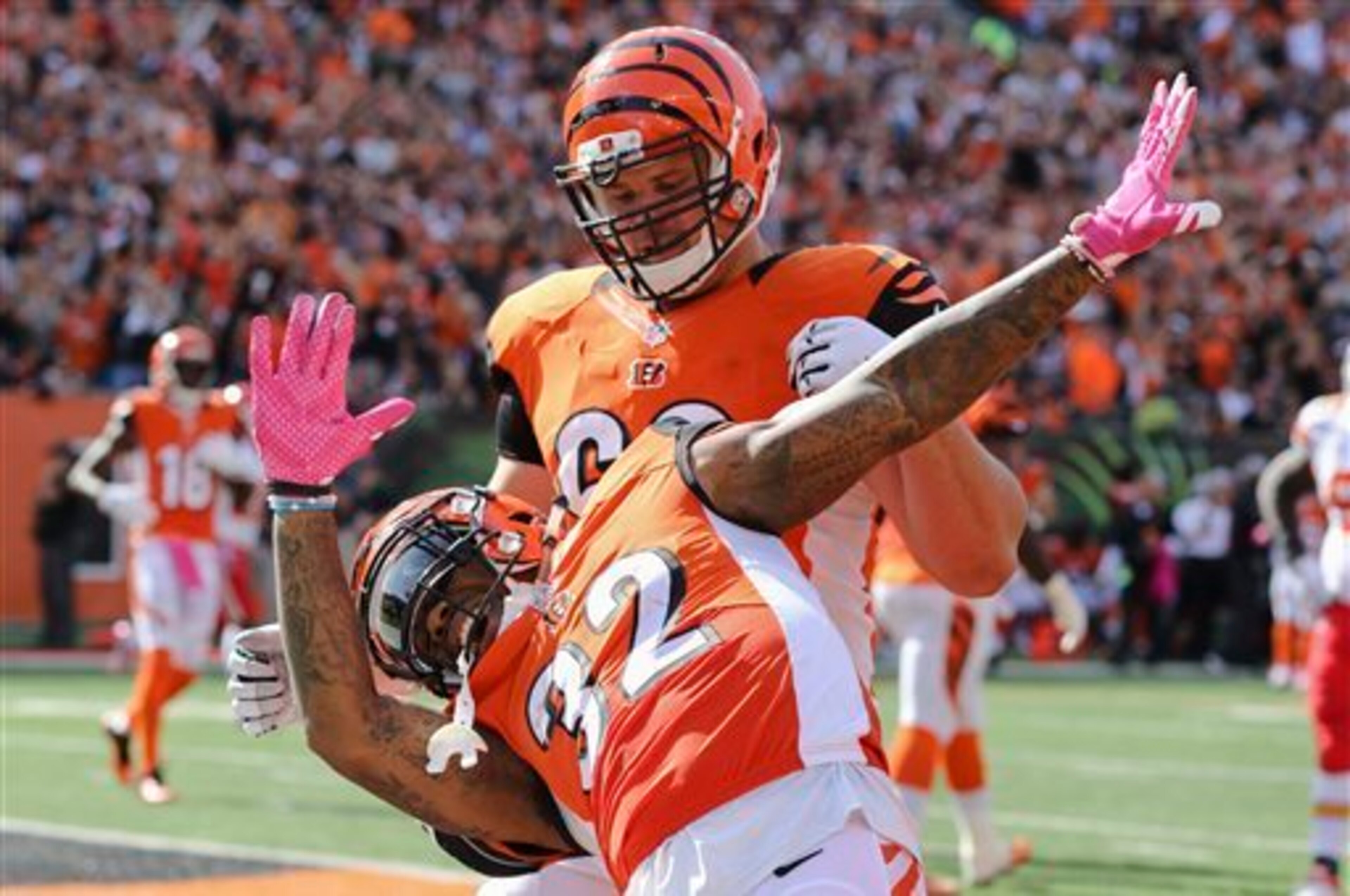 Hill celebrates one of his three scores.