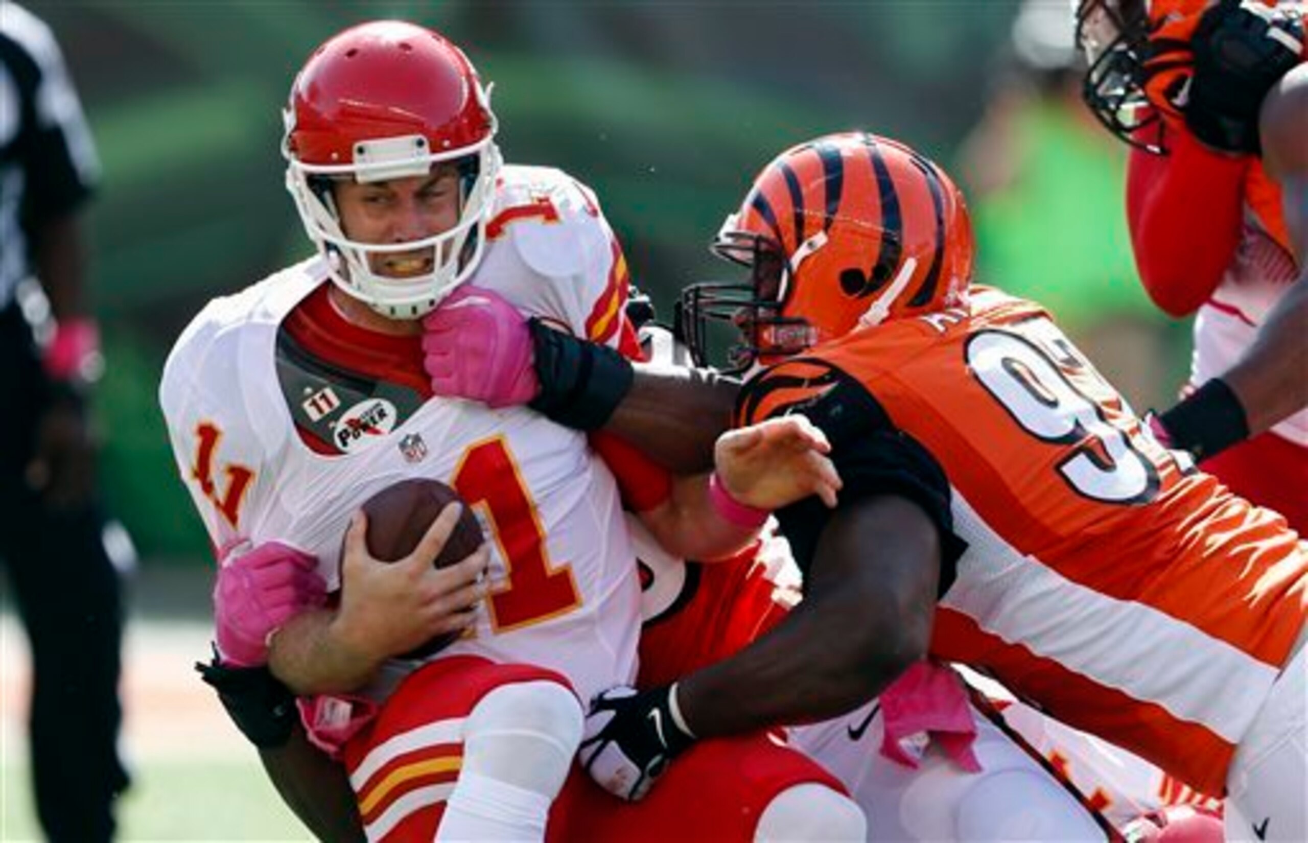 The Bengals sacked Alex Smith five times.