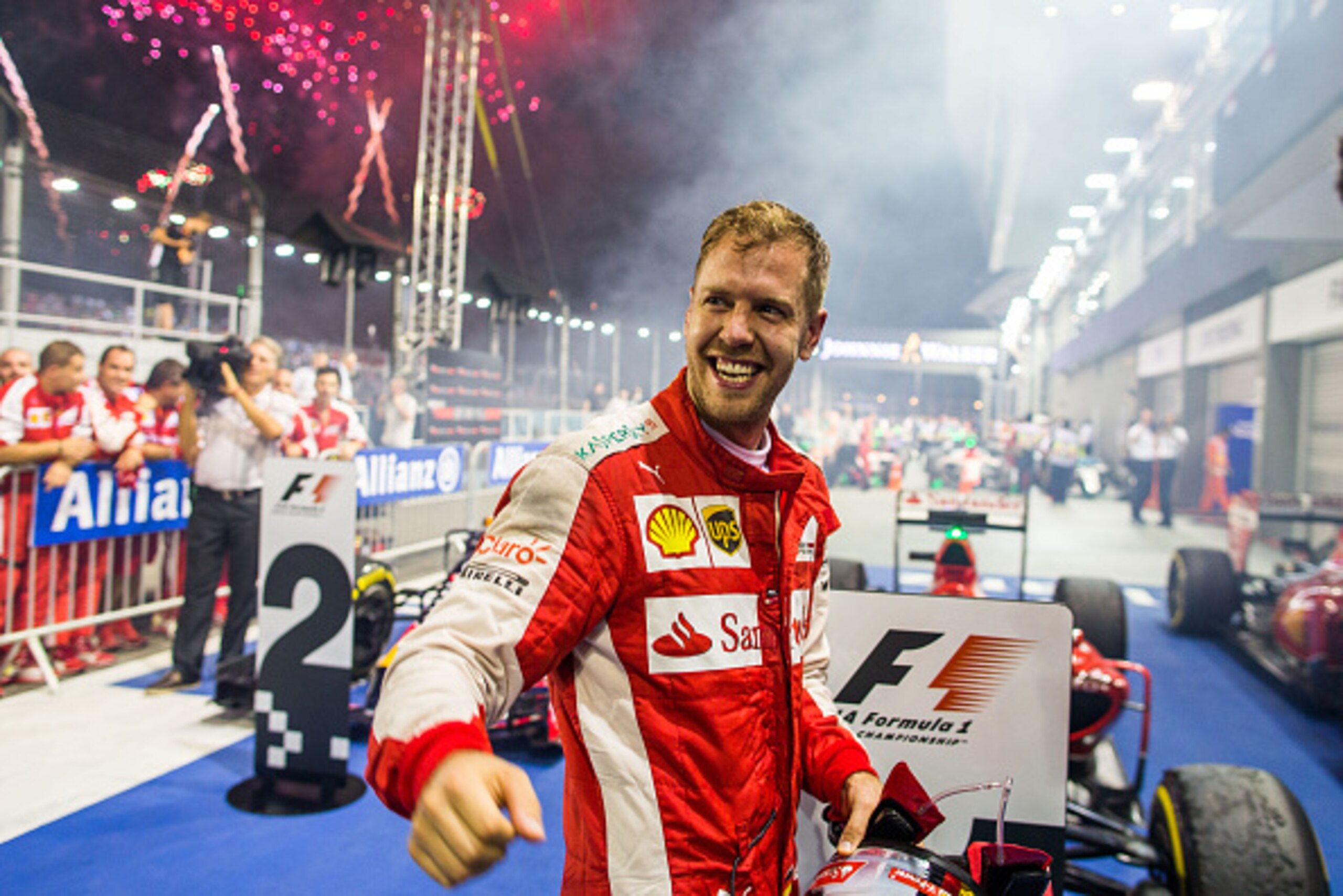 Sebastian Vettel celebrates his victory in Singapore.