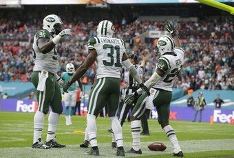 Darrelle Revis celebrates after intercepting a pass