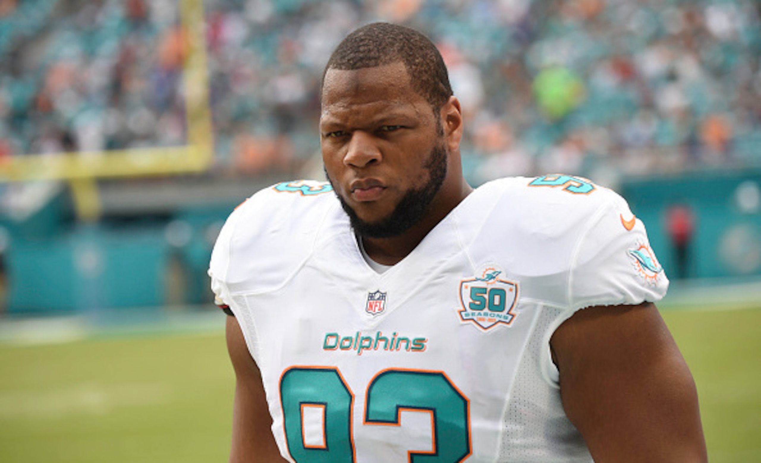 MIAMI GARDENS, FL - SEPTEMBER 27:  Ndamukong Suh #93 of the Miami Dolphins looks on during a NFL game against the Buffalo Bills at Sun Life Stadium on September 27, 2015 in Miami Gardens, Florida.  (Photo by Ron Elkman/Sports Imagery/Getty Images)