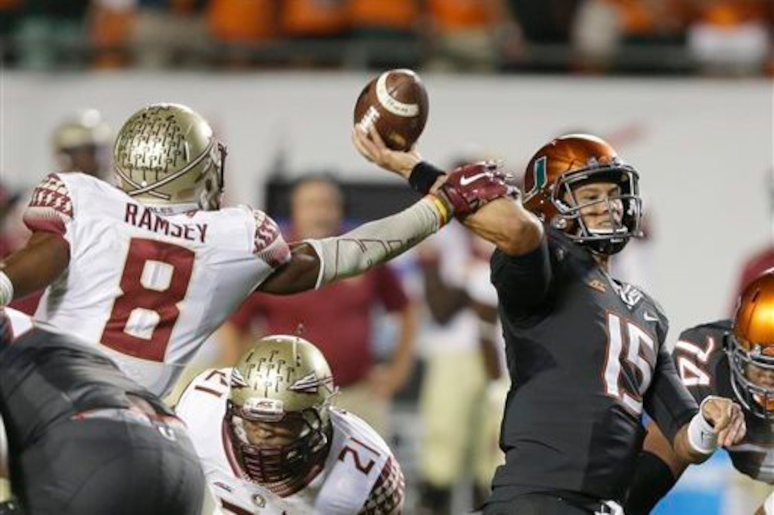 Florida State DB Jalen Ramsey and Miami QB Brad Kaaya Florida State DB Jalen Ramsey and Miami QB Brad Kaaya