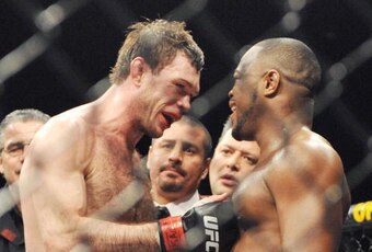 LAS VEGAS - DECEMBER 27:  Forrest Griffin congratulates Rashad Evans after the Light Heavyweight bout at UFC 92: The Ultimate 2008 at the MGM Grand Arena on December 27, 2008 in Las Vegas, Nevada.  (Photo by Jon Kopaloff/Getty Images)